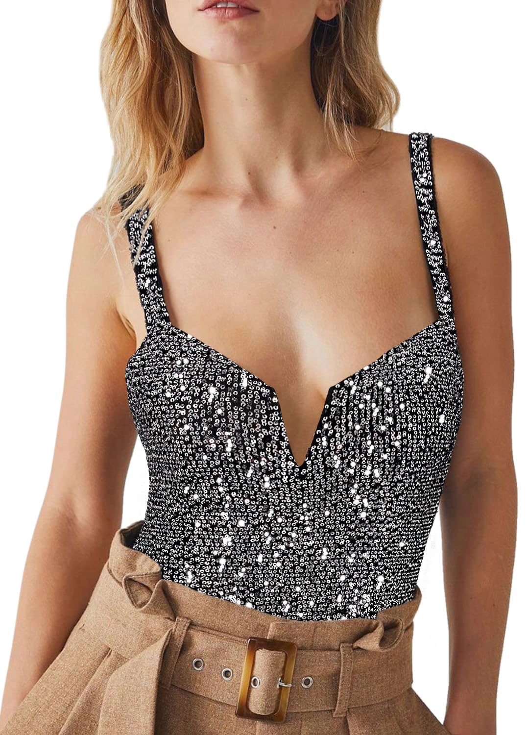 Naimo Body sexy à paillettes pour femme - Col en V - Sans manches