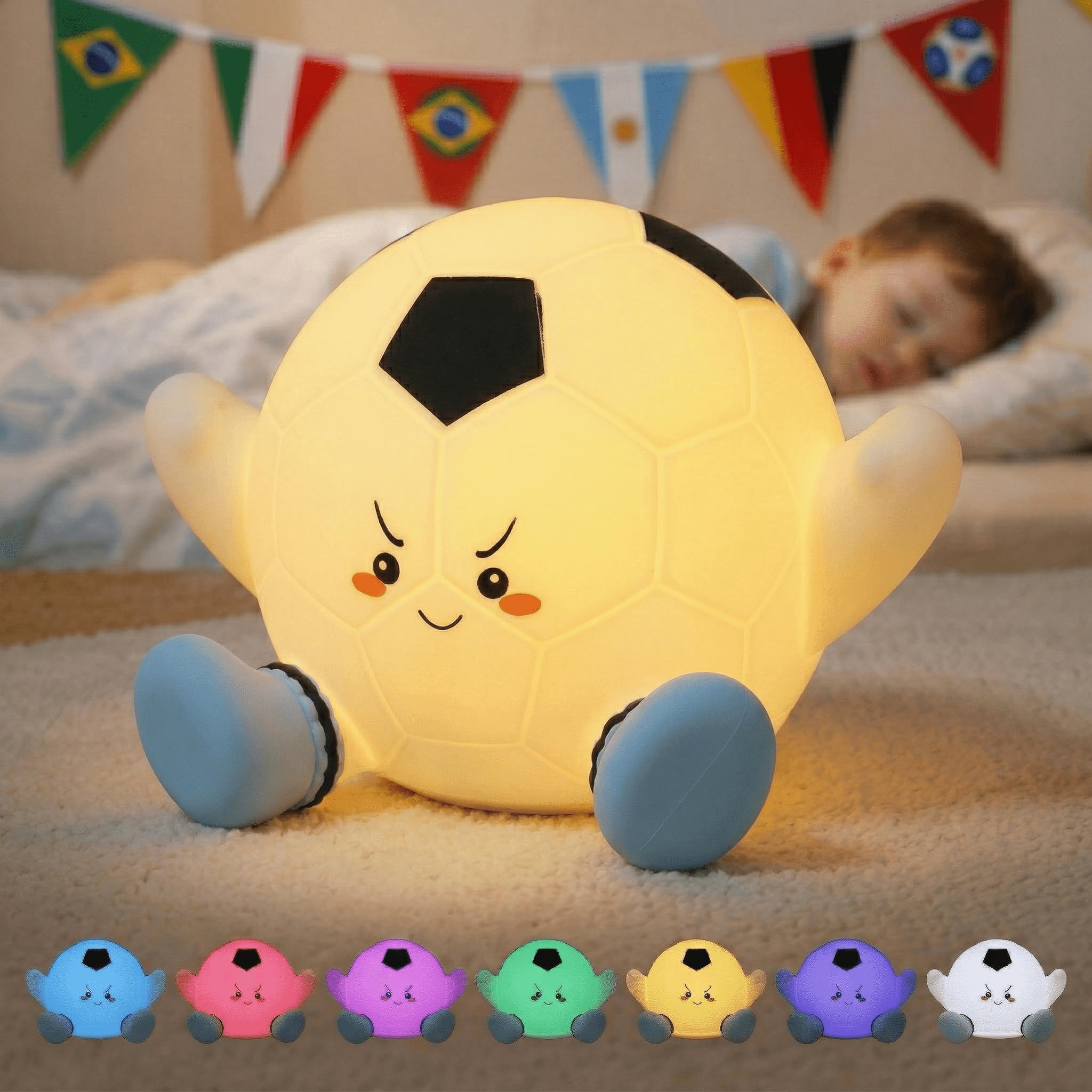 Soccer Night Light for Kids, Soft Silicone Football Lamp with Timer, Eye-Caring Dimmer for Boys Room Decor, Soccer Fan Birthday Gift, Toddler Sleep Buddy, White