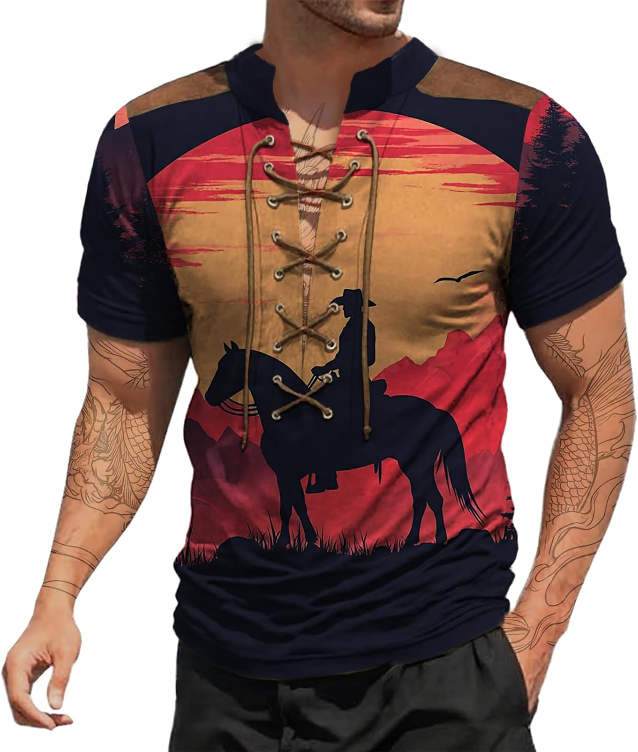 Mens T Shirts Vintage Drawstring Neckline Summer Tops Slimming Fit Lightweight Comfort Breathable Casual Tees