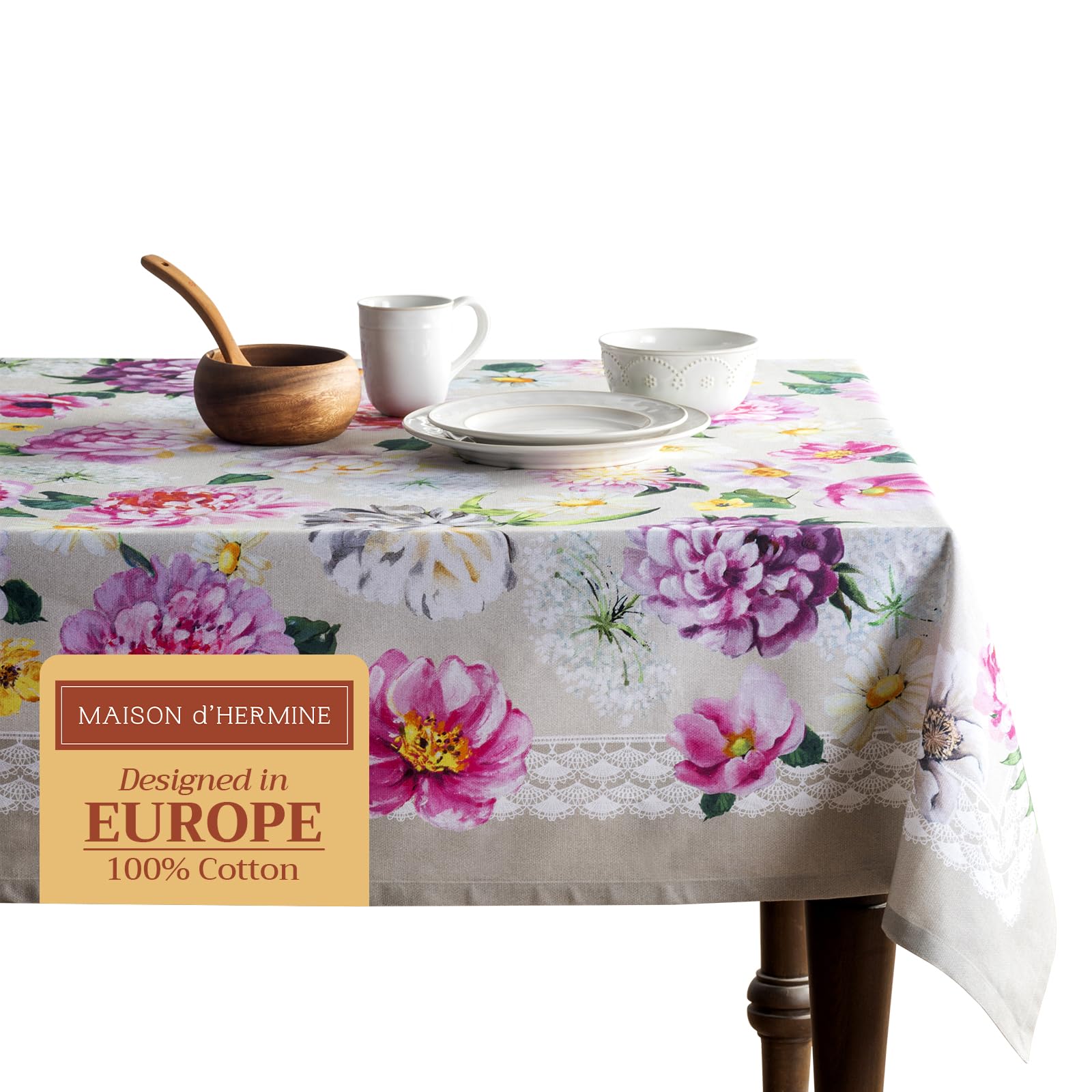 Maison D' Hermine 039 - Pivoine Table Cloth Rectangle Table 100% Cotton 230 Cm X 140 Cm Tablecloth Reusable Everyday Use For Dining Farmhouse Home Party Festive Hotel Kitchen Spring Summer (Pivoine)
