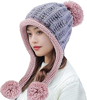 Women Winter Peruvian Cover Ears Beanie Hat Ear Flaps Sherpa Ski Snow Hats Knit Fleece Lined 3 Pom Pom