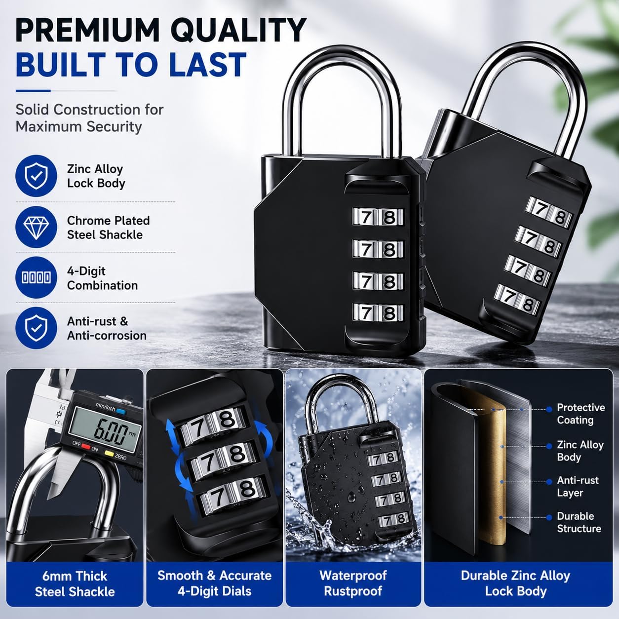 4 Digit Combination Padlocks, Long Shackle Resettable Security Locks 3 Pcs | Heavy Duty Lock for School Lockers, Gym Lockers, Gates, Fences, Storage Units & Luggage Weatherproof Zinc Alloy Body