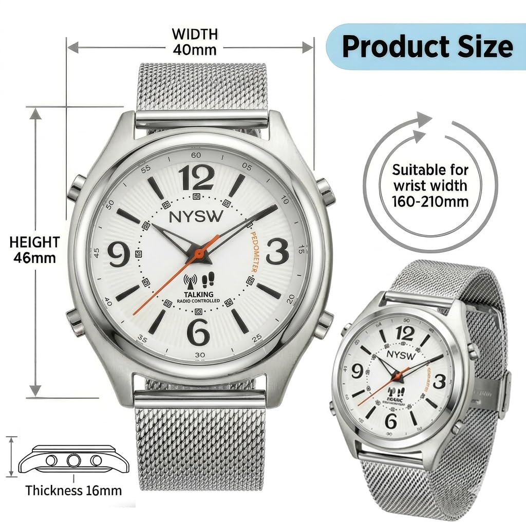 Orologio parlante atomico da uomo con contapassi, contacalorie e miglia | imposta, sempre preciso, ora legata all'ora legale automatica | senza app, senza Bluetooth | per ipovedenti e