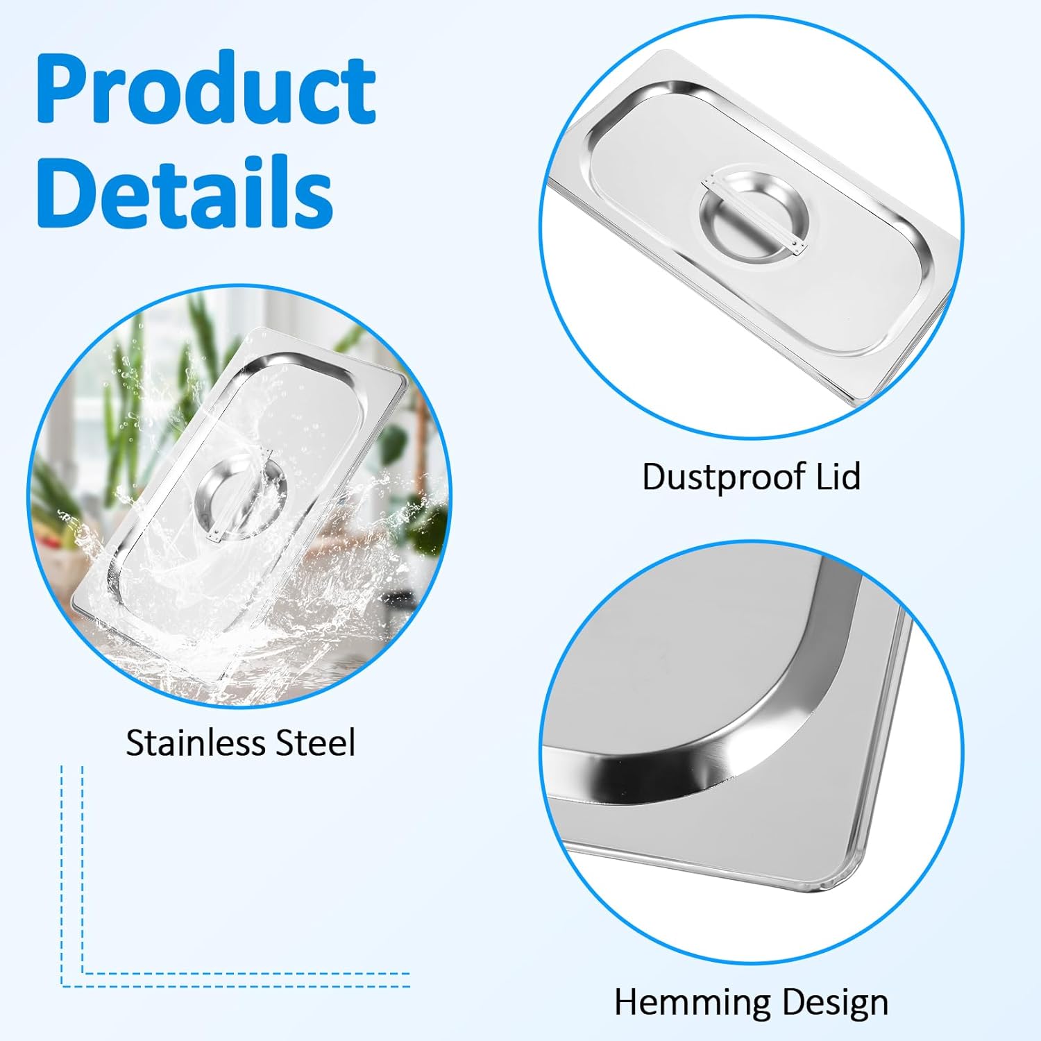 6 Pack 1/3 Size Hotel Pan Cover, Steam Table Lids With Handle, Stainless Steel Steam Table Pan Cover, Solid Pan Lid For Steam Food Pan, For Restaurant Catering - Image 6