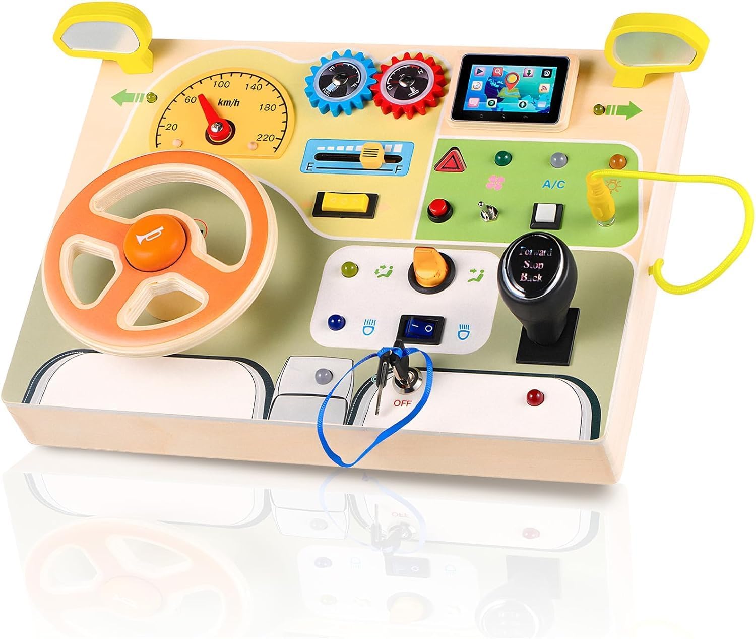 Montessori Busy Board for Toddlers, Wood Steering Wheel Toy with LED Light Switch, Pretend Play Driving Toy, Preschool Learning Activities for Fine Motor Skills, Travel Educational Gifts for Kid