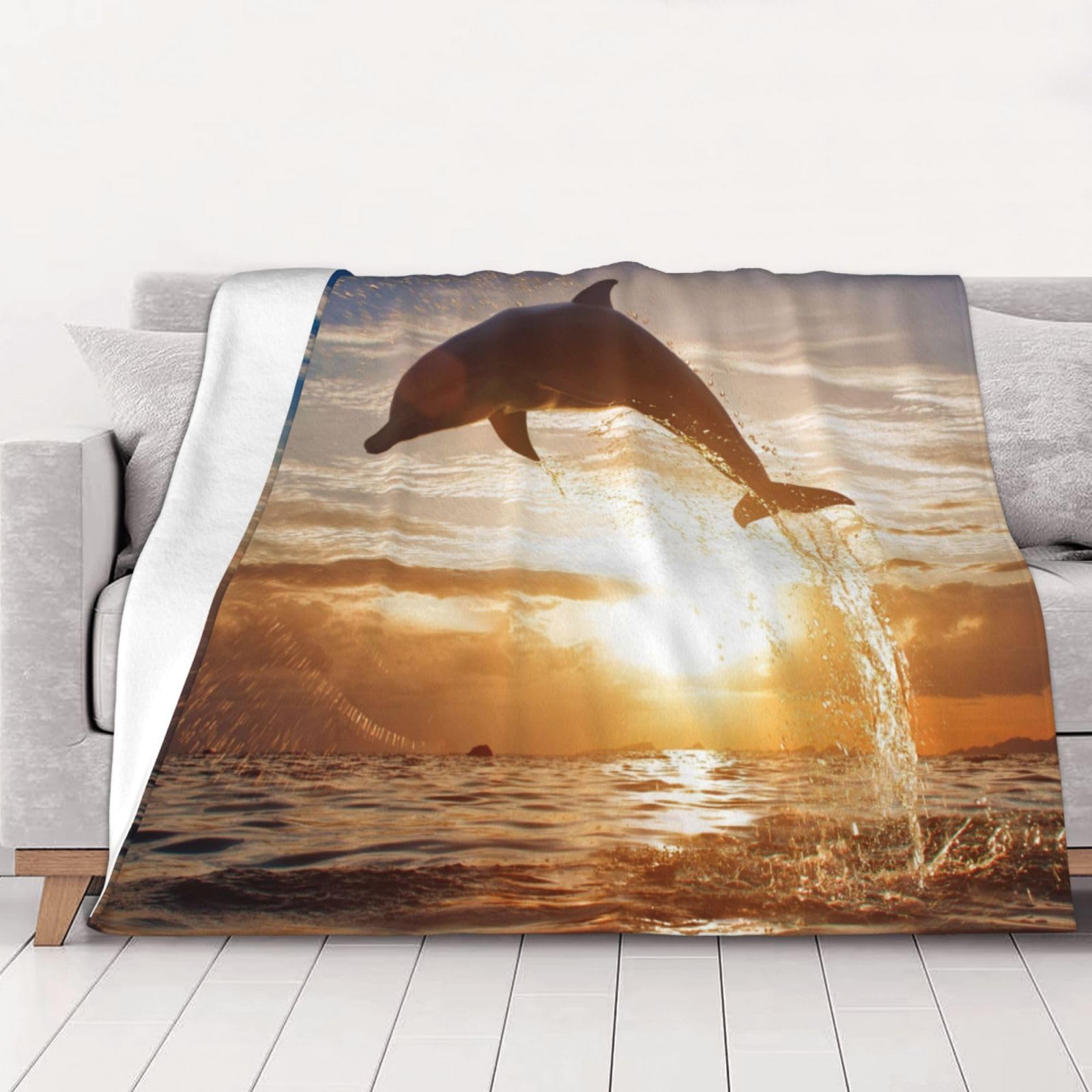 AUBKFELD Funny Animal Dolphin Printed Flannel Blanket 150x125 CM, Soft & Warm Throw Blanket for Sofa/Couch/Bed/Car, Gifts for Audlts Women Men
