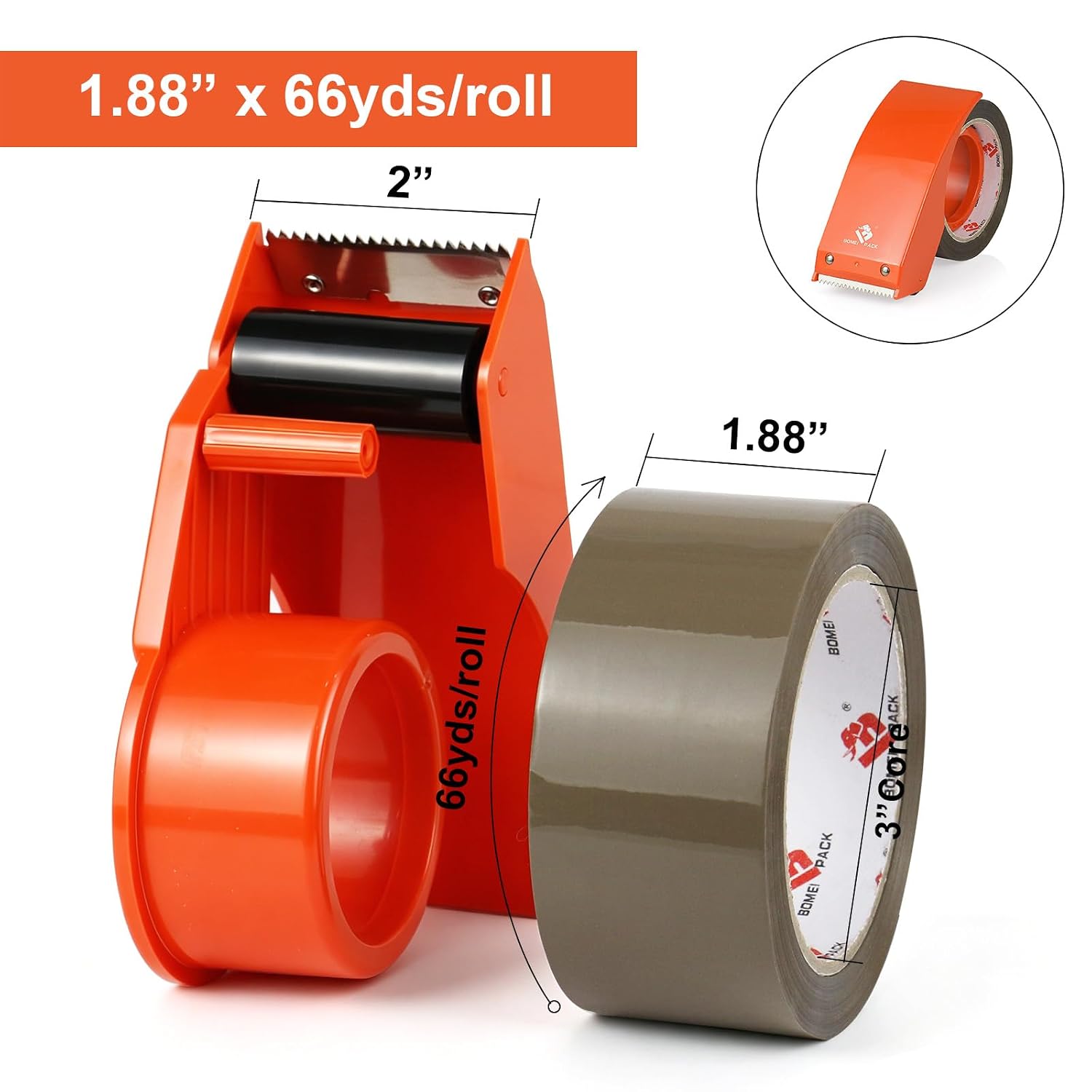BOMEI PACK Heavy Duty Packing Tape with Dispenser 1.88'' x 66 YDs, Brown Box Tape for Packaging Shipping Moving Storage and Mailing, Strong Package Tape 12 Rolls + 2 Dispensers, Total 792 YDs
