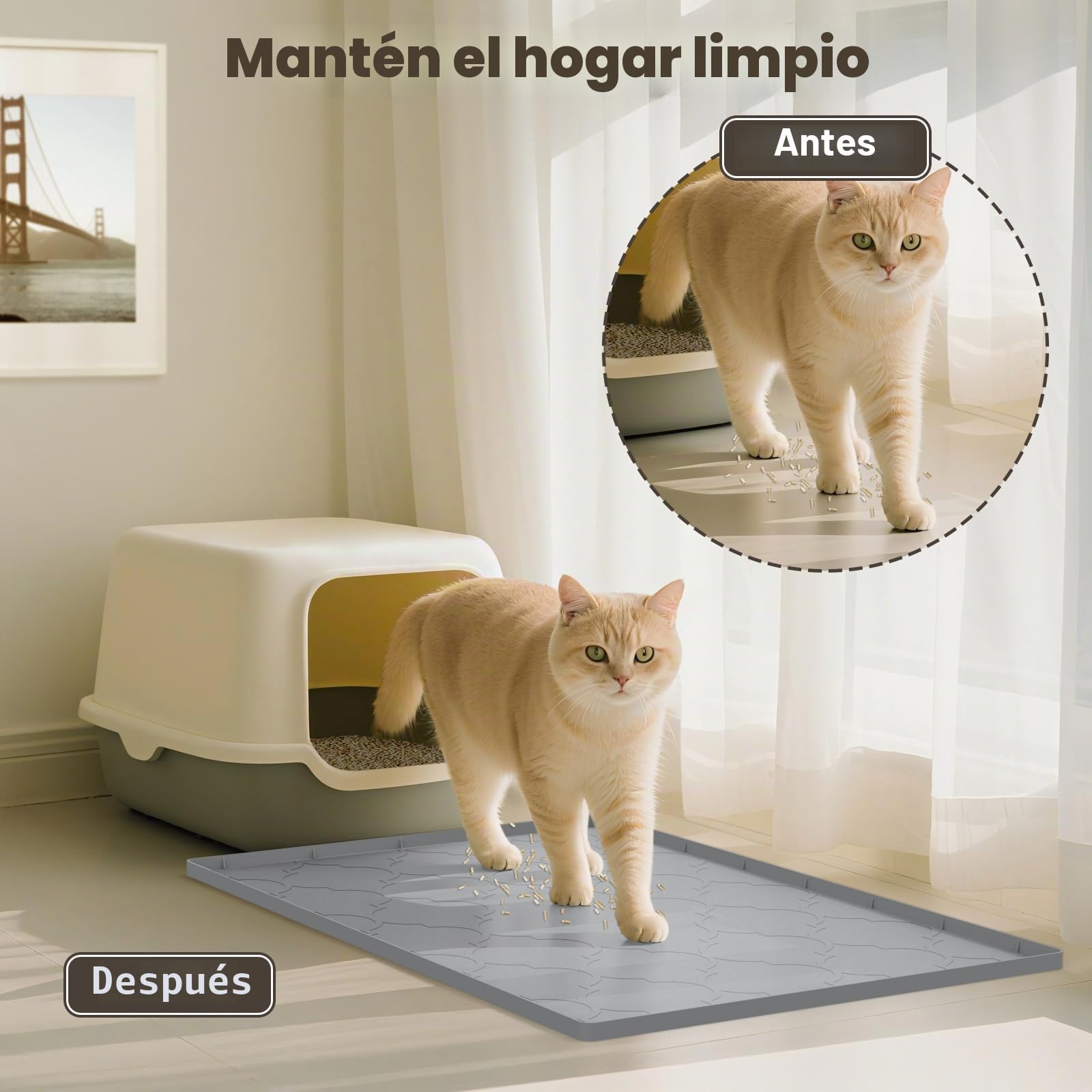 Alfombrilla Arena Gatos, Alfombrilla de Silicona Para Recoger Arena Para Gatos, Fácil de Limpiar Para Control de Derrames, Suave Para Patas de Gato (Plata, L 86 * 56cm)