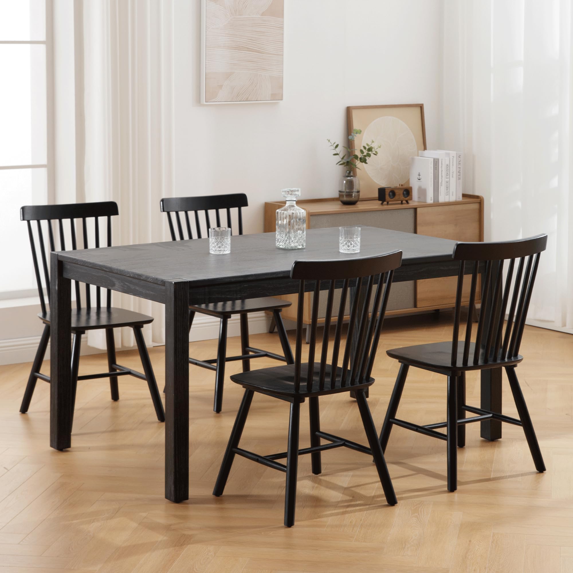 DM Furniture Dining Chairs Set of 4, Windsor Dining Chair, Spindle Back Farmhouse Kitchen Chairs Armless Solid Wood Side Chairs for Home/Dining Room/Restaurant/Patio, Black