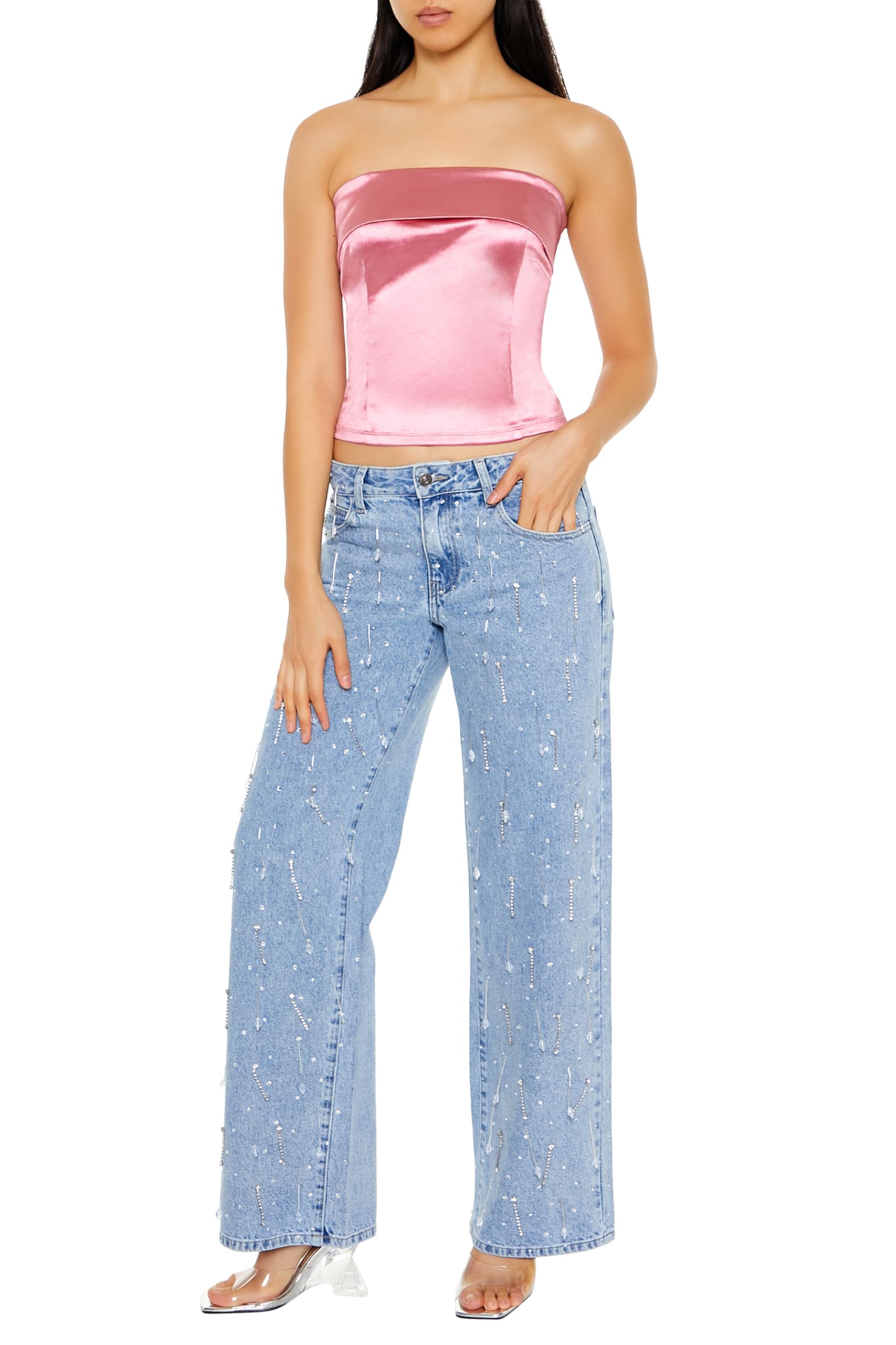 Forever 21 Satin Foldover Tube Crop Top Top Corto a Tubo Pieghevole in Raso Donna