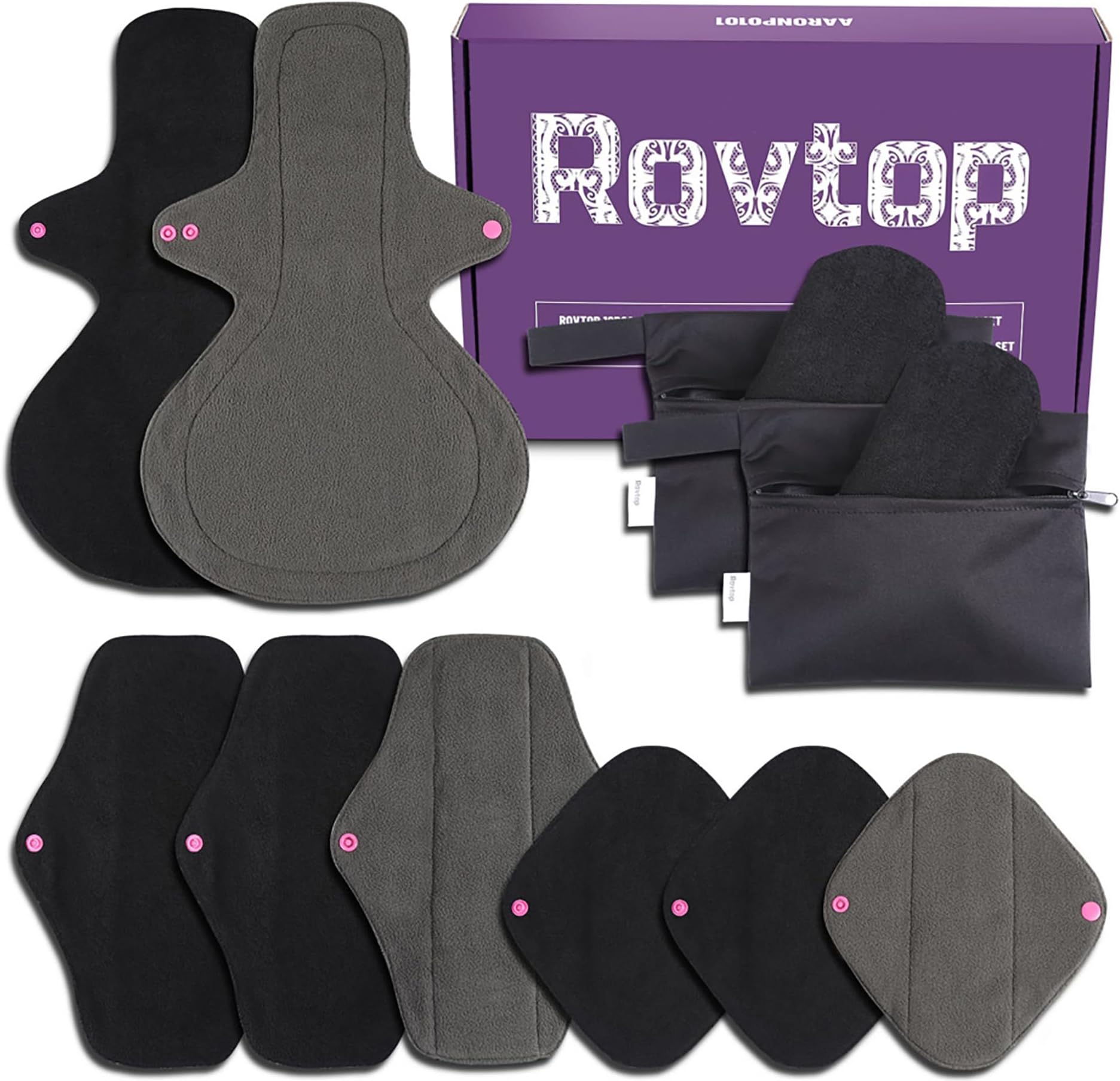 Rovtop 10 Pcs Reusable Sanitary Pads, Washable Black Cloth Menstrual Pads/Menstrual Towel/Sanitary Napkins with Bamboo Charcoal Absorbent Layer, 3 Size Replace and 1 Mini Waterproof Portable Bag