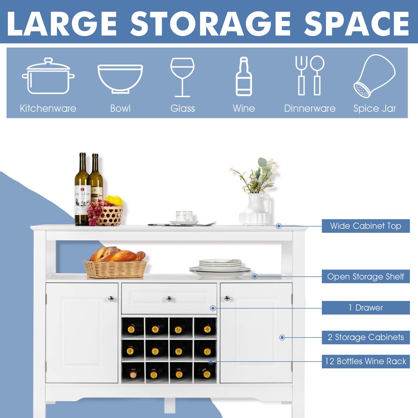 LIFEZEAL Credenza Cucina, Mobile Soggiorno, Madia, Armadietto, Bianco, con Cassetto, 2 Ante, 2 Ripiani, 12 Portabottiglie Rimovibili, Moderno, per Salotto, Sala da Pranzo, Bar, Legno, 117x40,5x85,5cm