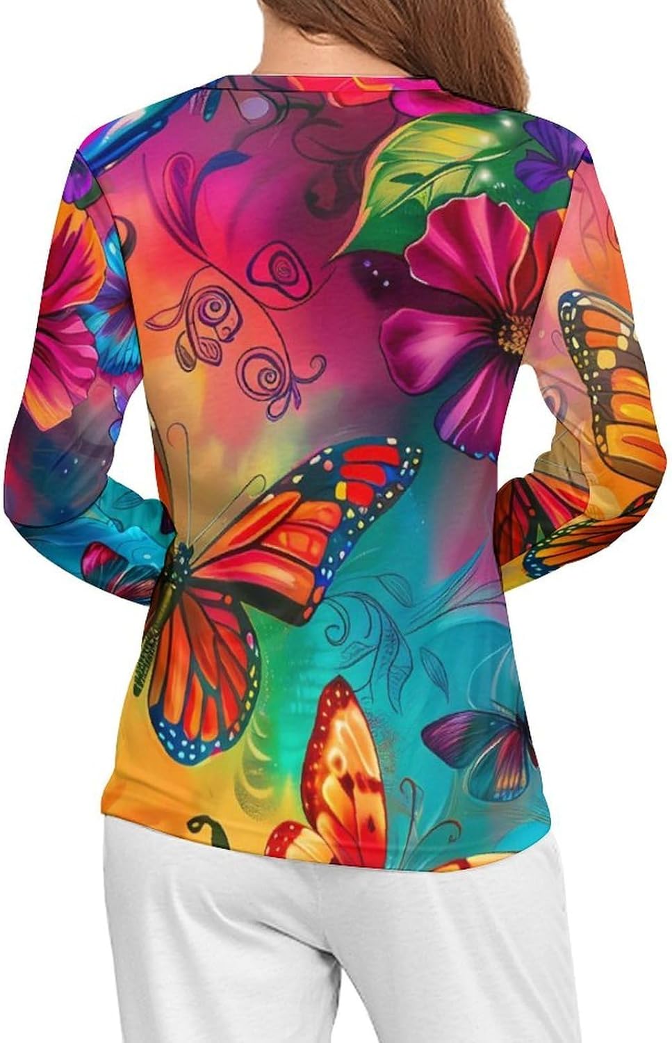 Colorful Butterflies Flowers Women's Pajama Top Sleepwear Pajamas Sleep T-Shirt Long Sleeve Shirt Crewneck Tee