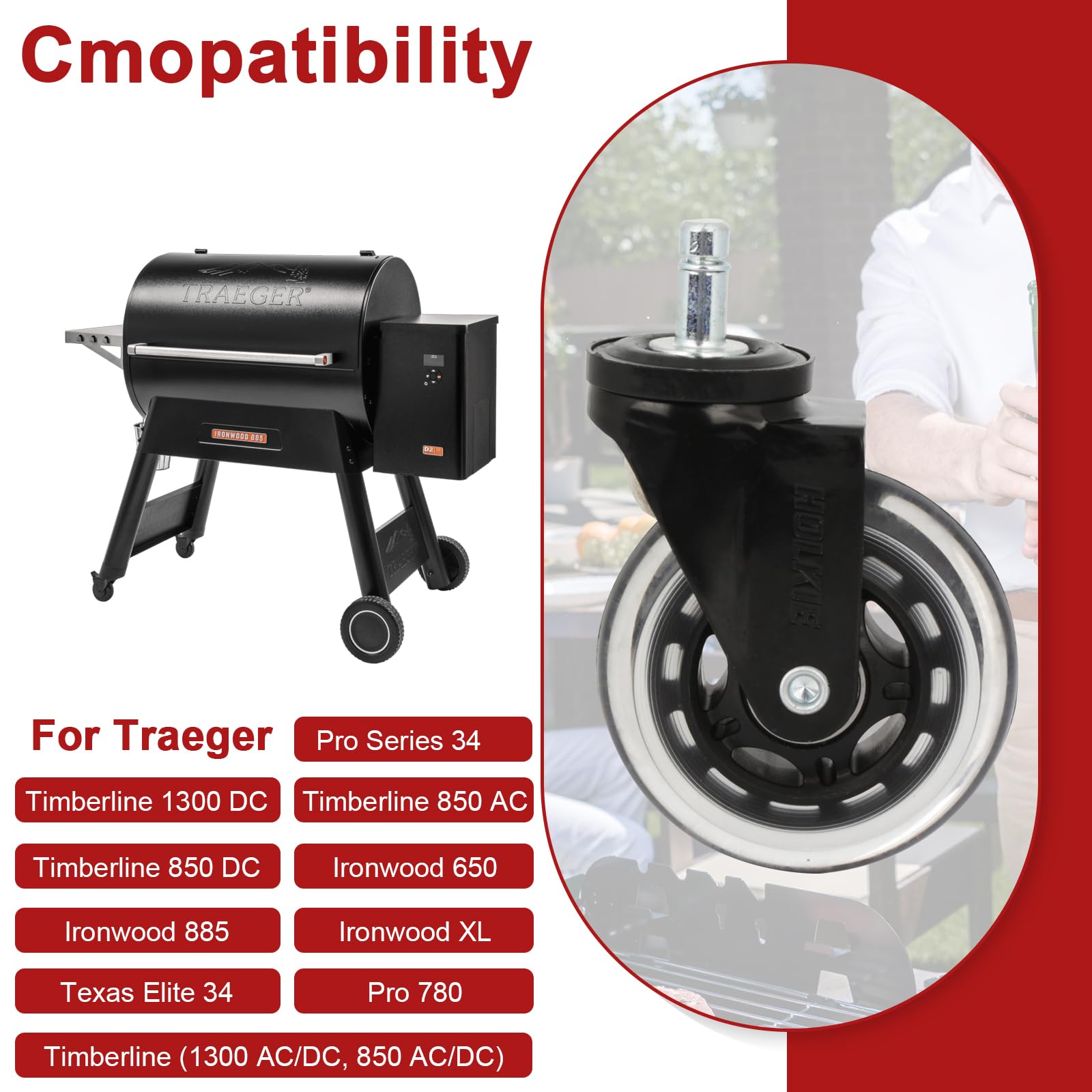 3 Inch Caster Wheels for Traeger Pellet Grills, 2 Pack Caster Wheels for Timberline 850 1300 Ironwood 650 885 Ironwood XL Texas Elite 34 Pro 780 Pro Series 34, HDW302