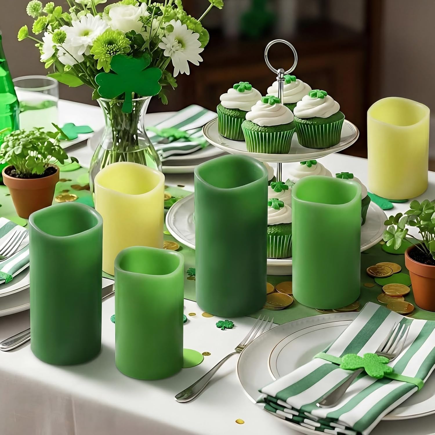 VIHOSE 6 Pcs St Patrick's Day Flameless LED Candles Green Irish Melted Edge Real Wax Decoration Fake Pillar Candles with Remote and Timer Function 4" 5" 6" Gifts for Decor