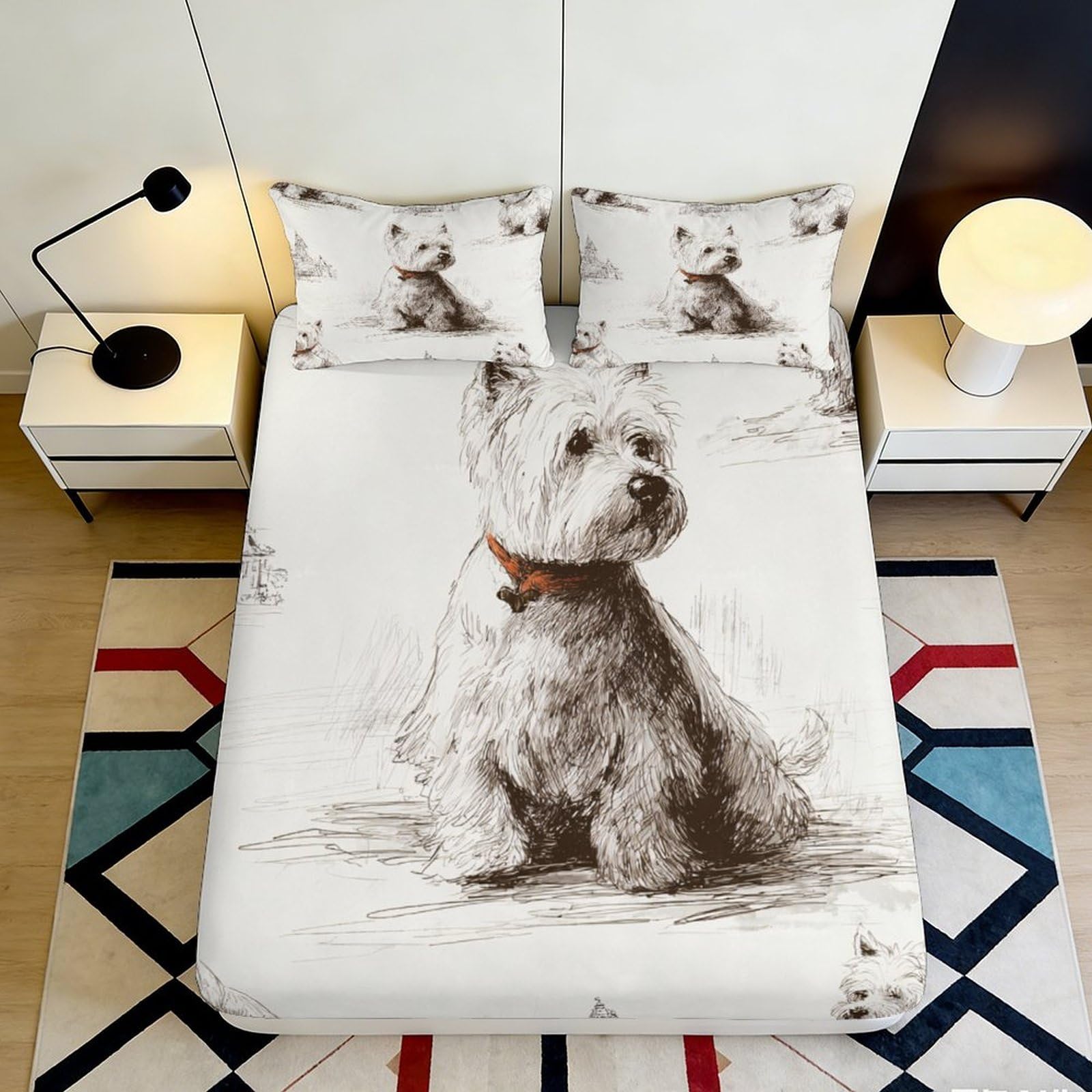 3D Printed Westie Dog Fitted Sheet Microfiber Soft Breathable Puppy Illustration Mattress Cover for Bedroom Guest Room Decor 90x200x25cm
