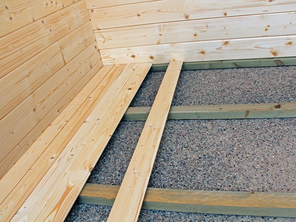 Gartenhäuser Fußbodenpaket passend für 6m² Innenfläche (4x1,5m²) 18 mm Starke Bodenbretter, inkl. Unterleghölzer