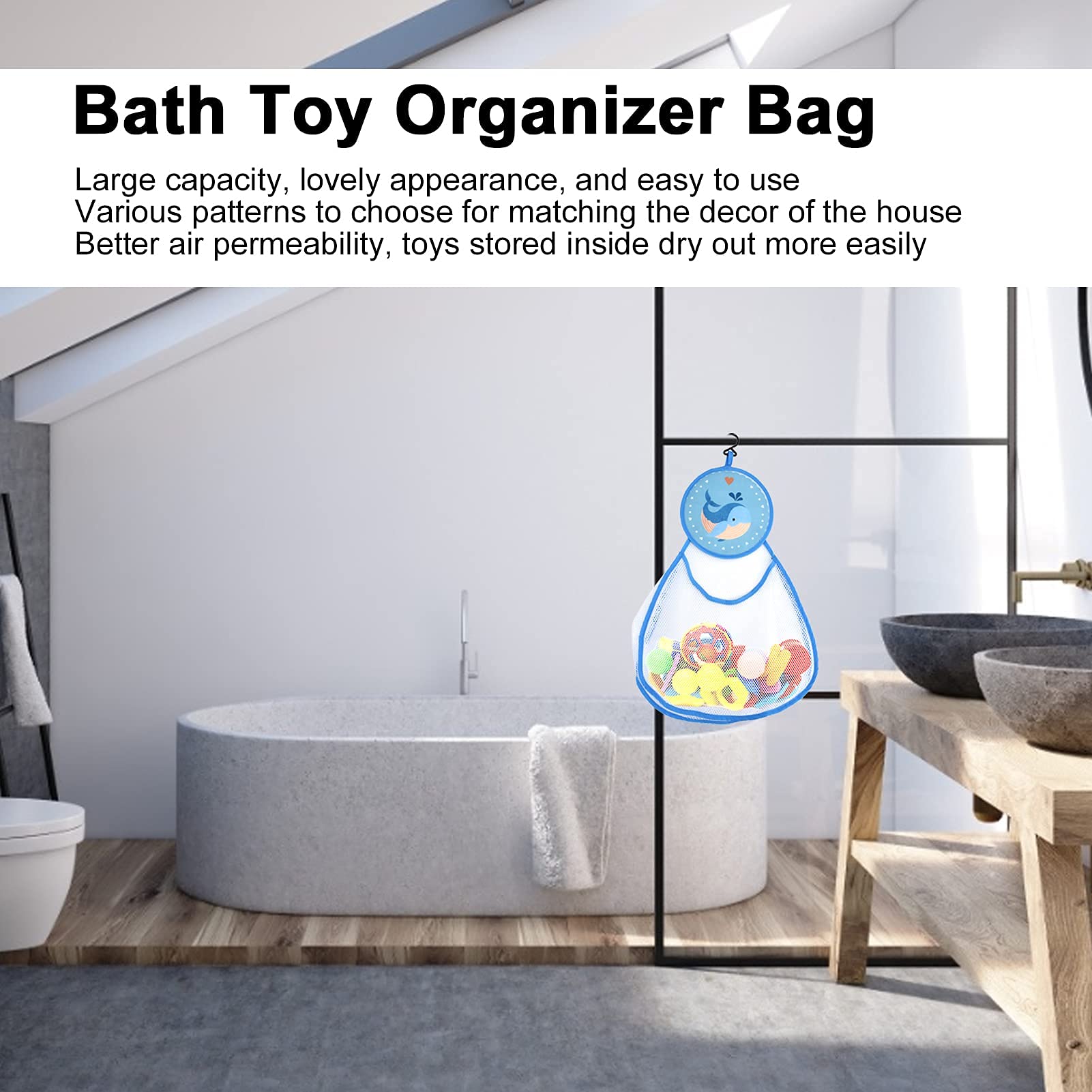 Filet De Rangement Pour Jouets De Bain - Sac Suspendu Avec 2 Compartiments, En Maille, Blanc, Pour Baignoire Et Salle De Bain