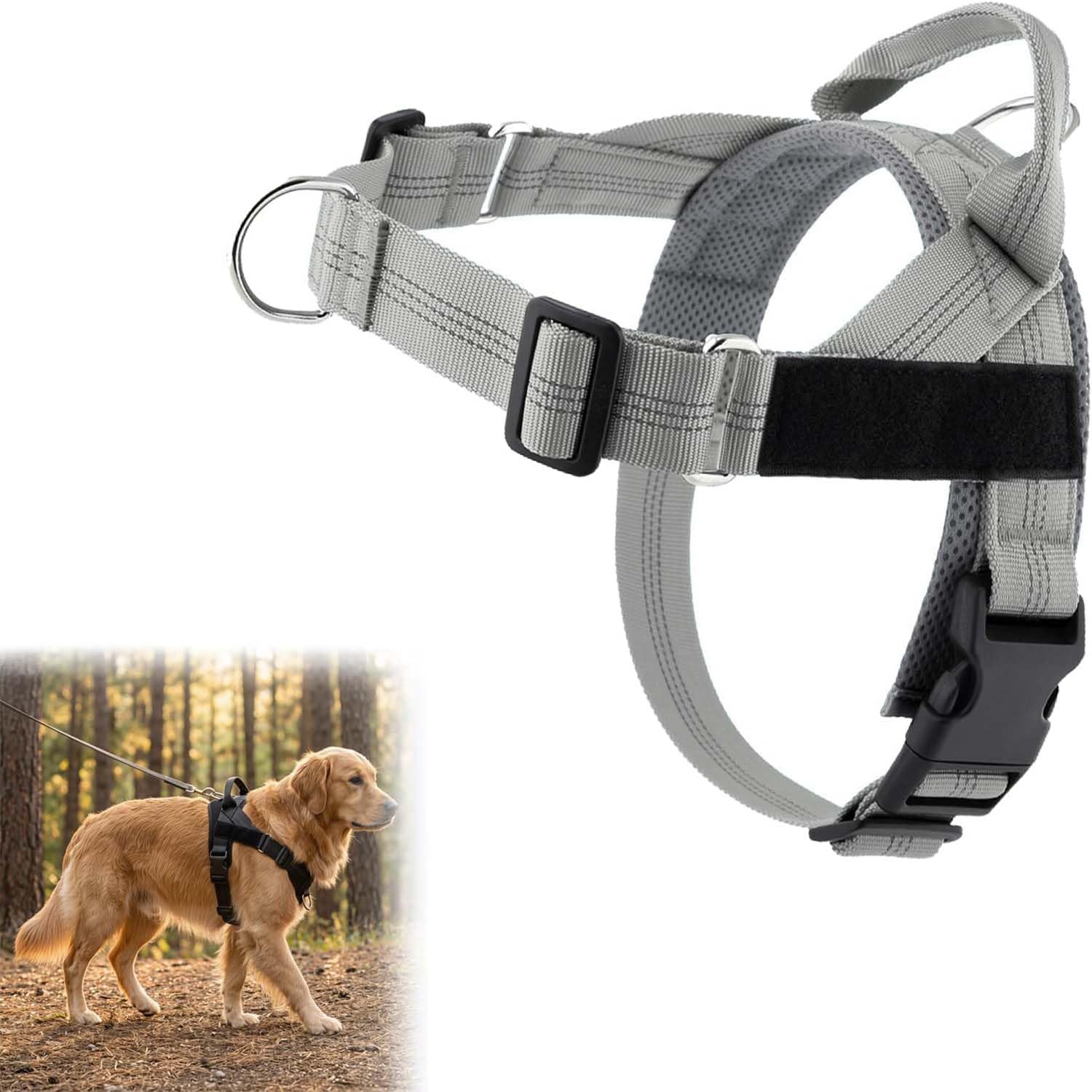 No Pull Dog Harness,Front Clip Adjustable Pet Vest,Large Dog No Pull Pet Harness, Breathable Soft Padded Material, Heavy-Duty D-Ring, Sturdy Grab Handle, for Dogs Training or Walking (Gray, L)