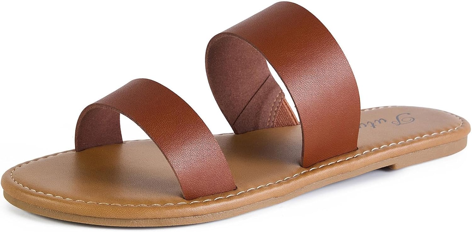 Putu Women’s Two Strap Flat Sandals Casual Slide Sandals for Wide Feet