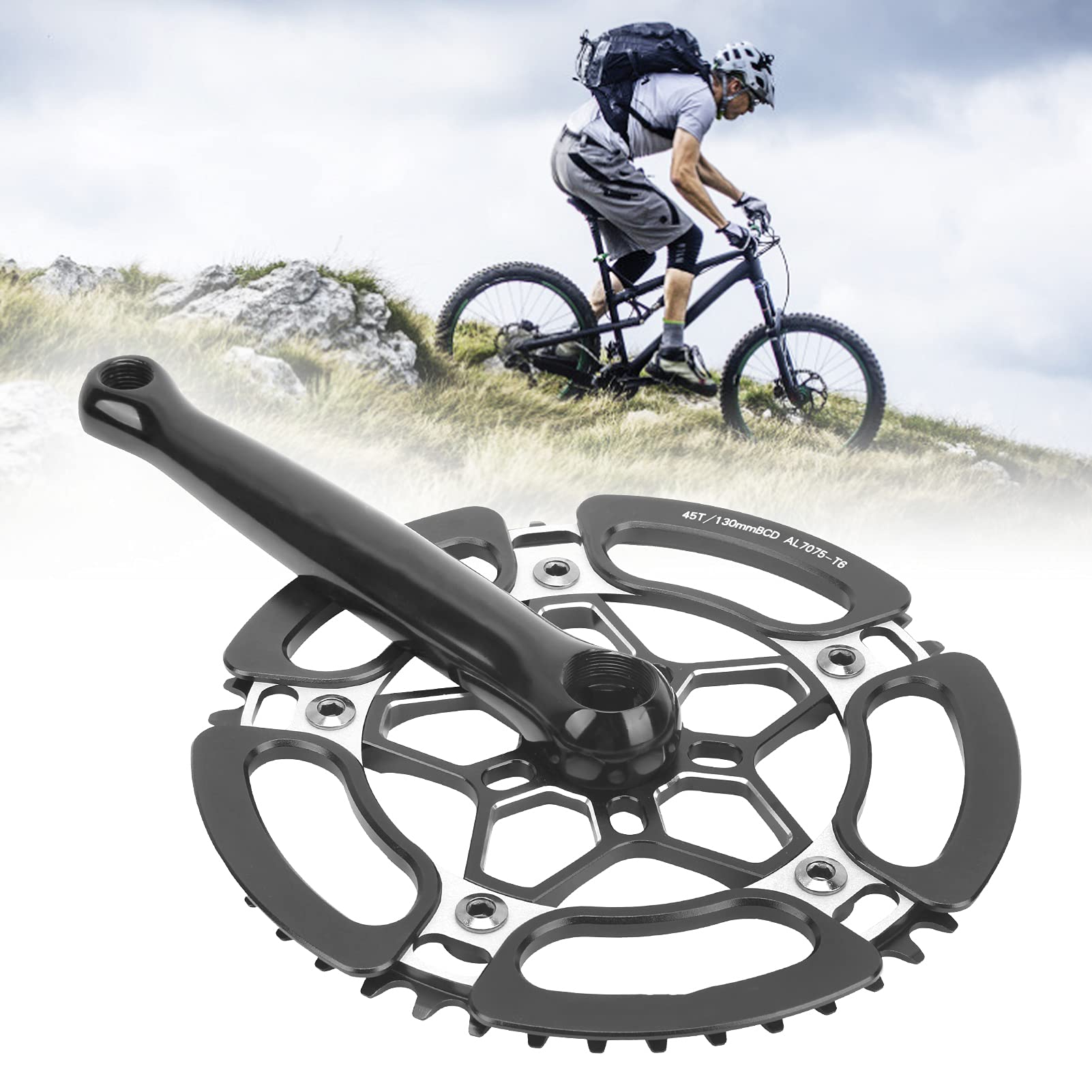Mechanizm Korbowy Rowerowy, 45T Aluminiowa Korba Jednobiegowa Ramię Korby do Roweru Górskiego Zestaw Ramienia Korby Rowerowej do Roweru Górskiego(czarny)