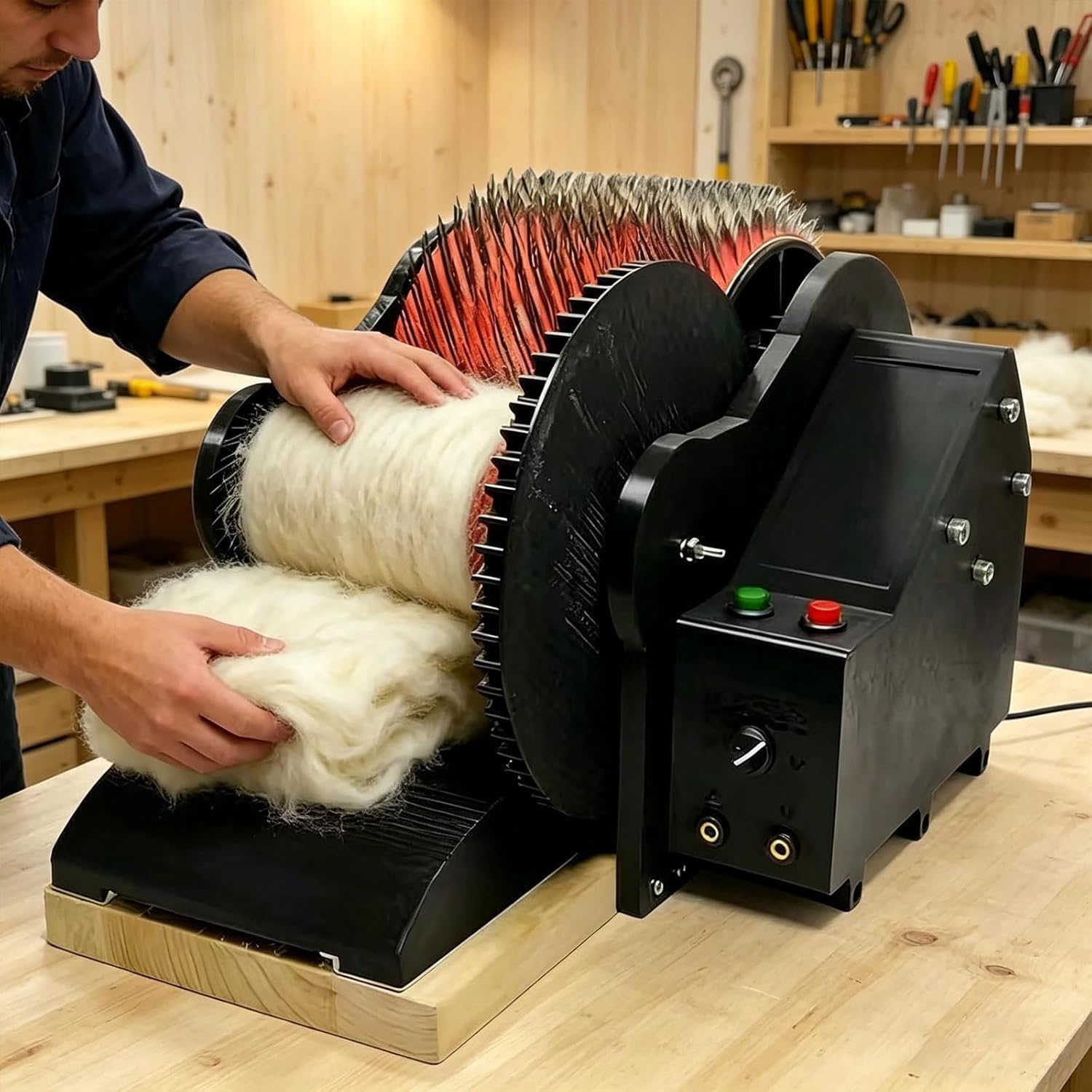 Wool Felt Drum Carder, Electric Carding Machine, Remove Fiber Impurities, Fast Color Mixing Combing Spinning, Wool Blending Wheel, External Switch Compatible, with Foot Pedal, for Wool Combing