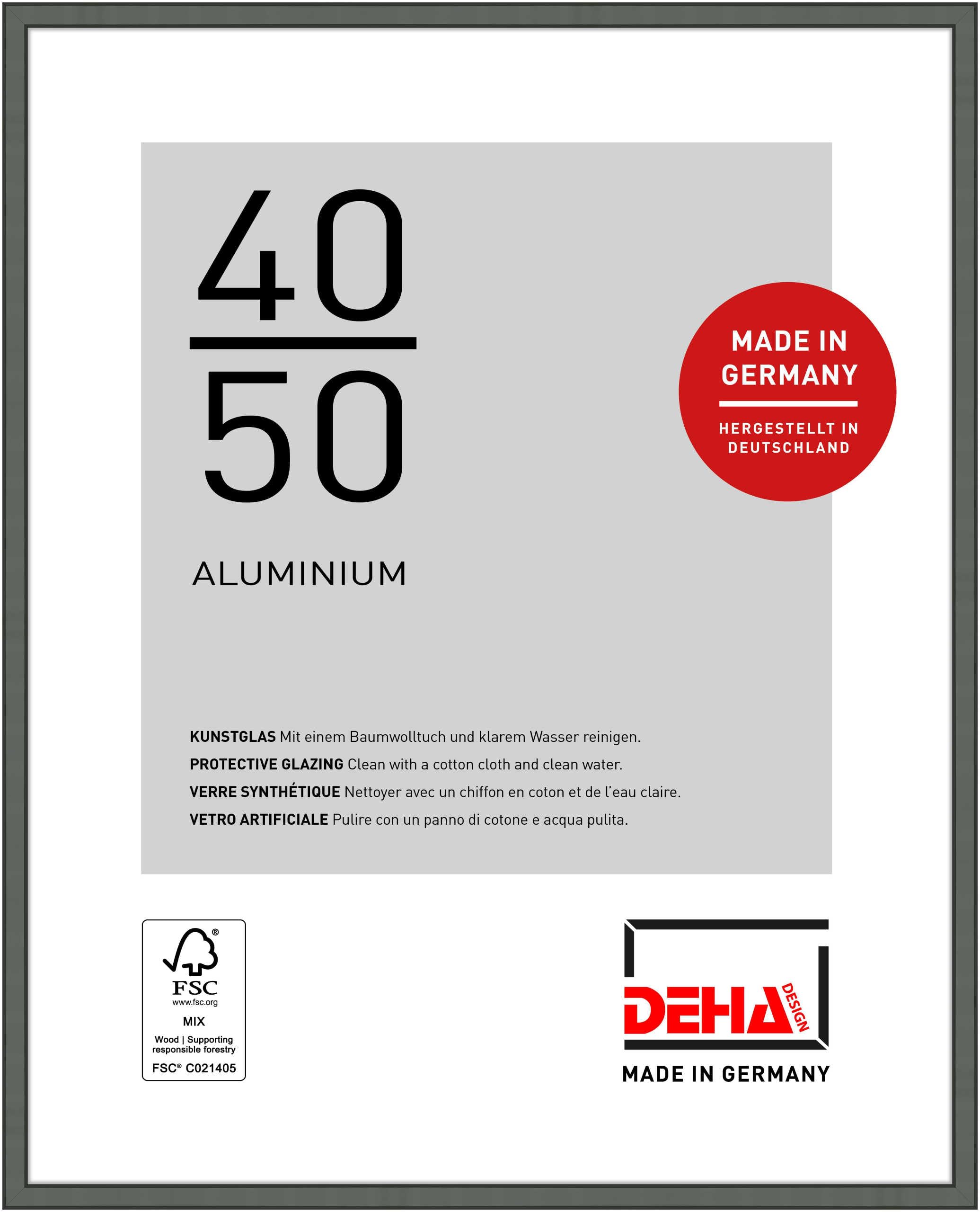 DEHA Design Boston Aluminium Picture Frame - 40x50 cm – Grey - with Synthetic Glass and Push/Turn Clips