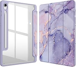 Fintie Hybrid Slim Case for Samsung Galaxy Tab S10 Lite/ S10 FE/ S9 FE 10.9 Inch/Tab S9 11 Inch with S Pen Holder, Shockproof Cover with Clear Transparent Back Shell, Auto Wake/Sleep, Lilac Marble