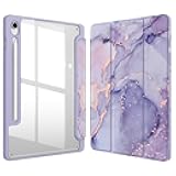 Fintie Hybrid Slim Case for Samsung Galaxy Tab S10 Lite/ S10 FE/ S9 FE 10.9 Inch/Tab S9 11 Inch with S Pen Holder, Shockproof Cover with Clear Transparent Back Shell, Auto Wake/Sleep, Lilac Marble