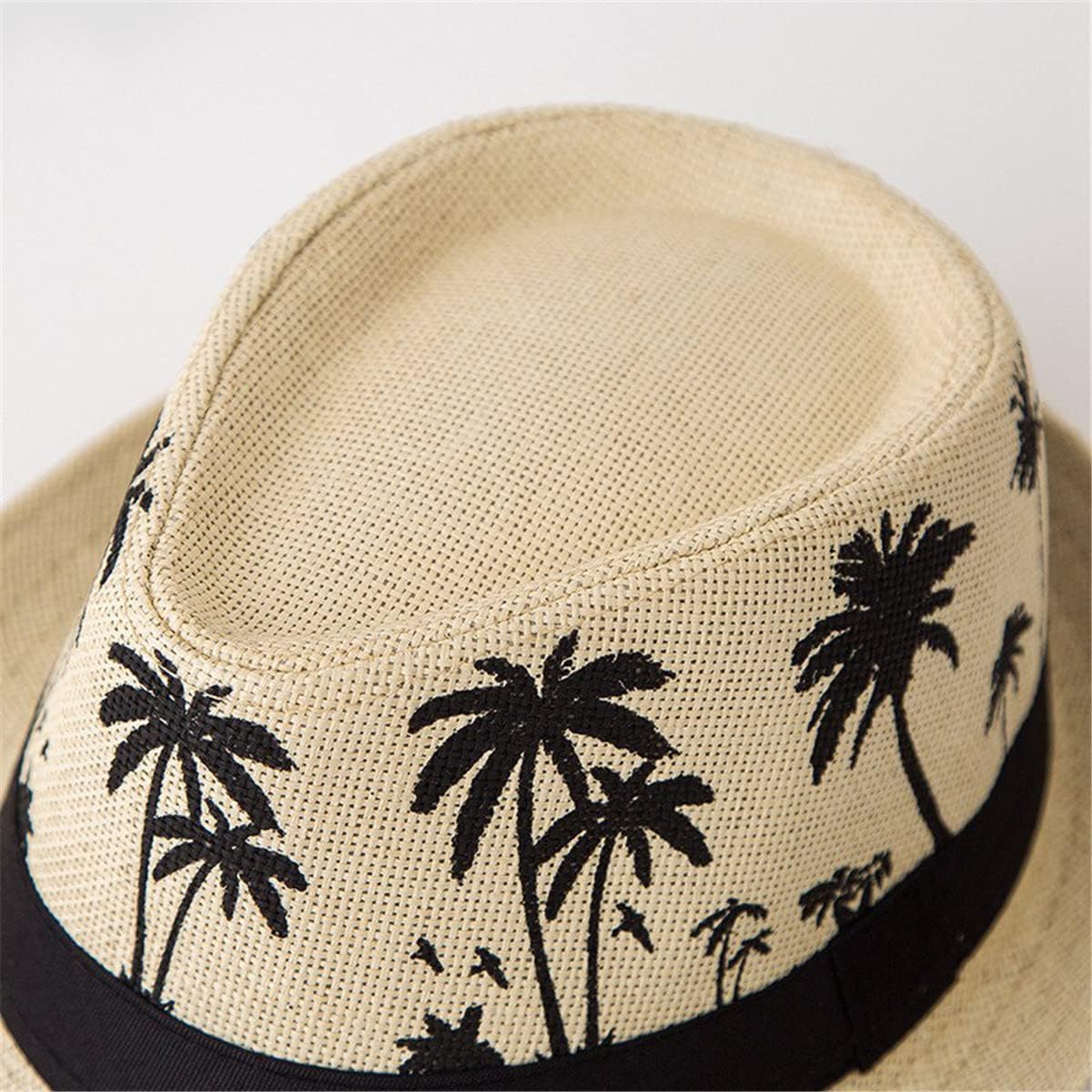ECYC Ltd Panama Straw Hats Short Brim Fedora Straw Hat Trilby Hat Palm Tree Print Summer Beach Sun Hat Cap for Men Women