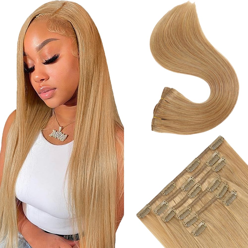 Gsoroel #27 Honey Blonde 7 Pack 120g Straight Seamless Extensions Clip In Human Hair Double Weft Unprocessed Virgin Invisible Clip In Human Hair Extension 18 Inch