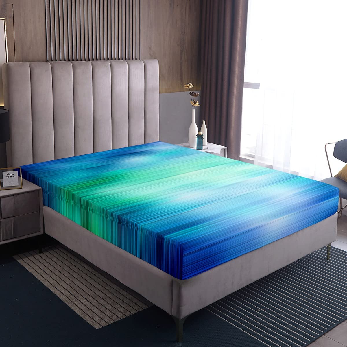 Bettwäsche Set mit Abstrakter Kunst grün blau Farbverlauf Spannbettlaken 90 x 200 geometrischen Streifen Surf Ozeanwellen Bettdecke träumende leuchtende Laken atmungsaktiv gemütlich kein Kissenbezug