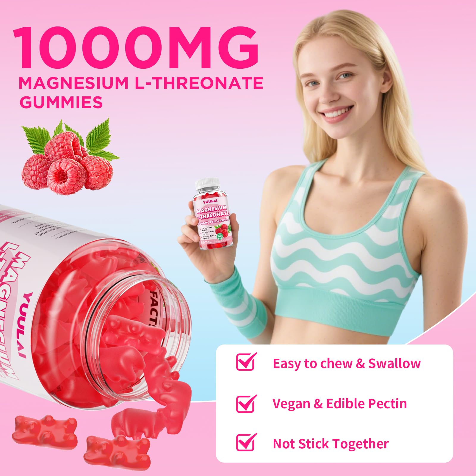 Pack of 2 Magnesium L-Threonate Gummies, Suagr-Free 1000MG Magnesium Threonate Supplement for Kids & Adults, Muscle & Nervous System Support, Raspberry Flavor, 60 Count