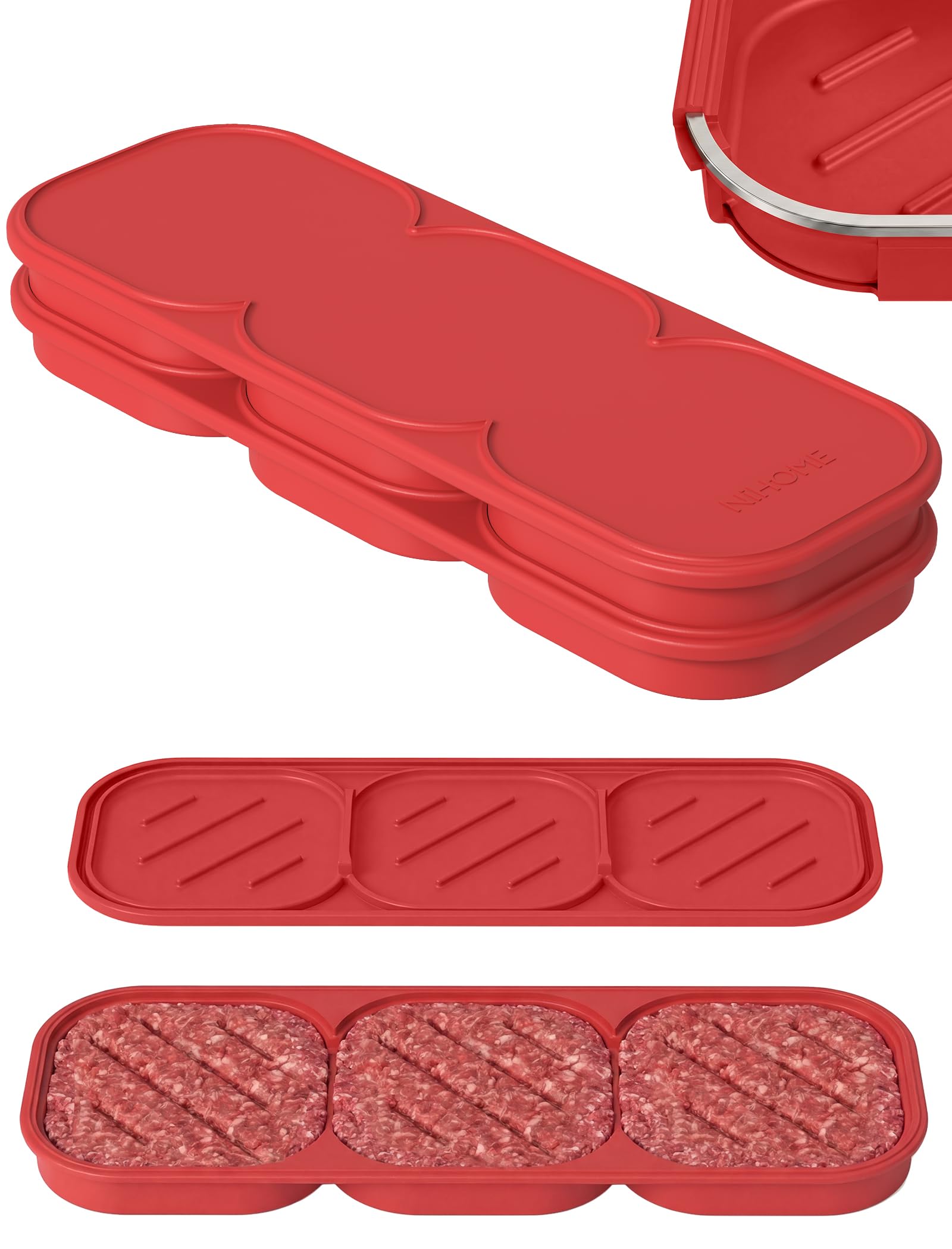NiHome 2-Pack Silicone Burger Patty Mould Trays, Makes 6 Patties, Red