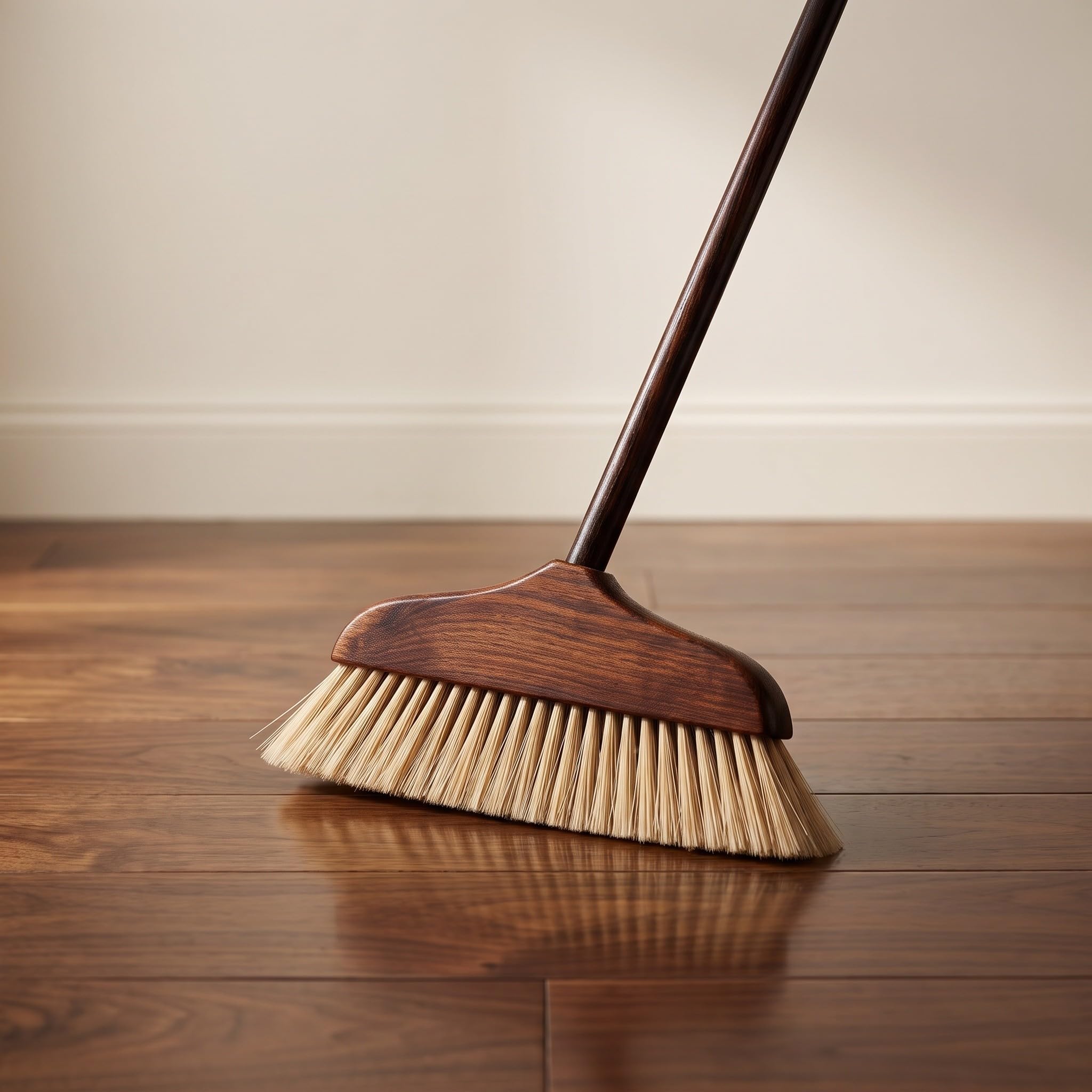 INOOMP Scopa Wood Home con setole morbide, manico lungo, colore marrone.