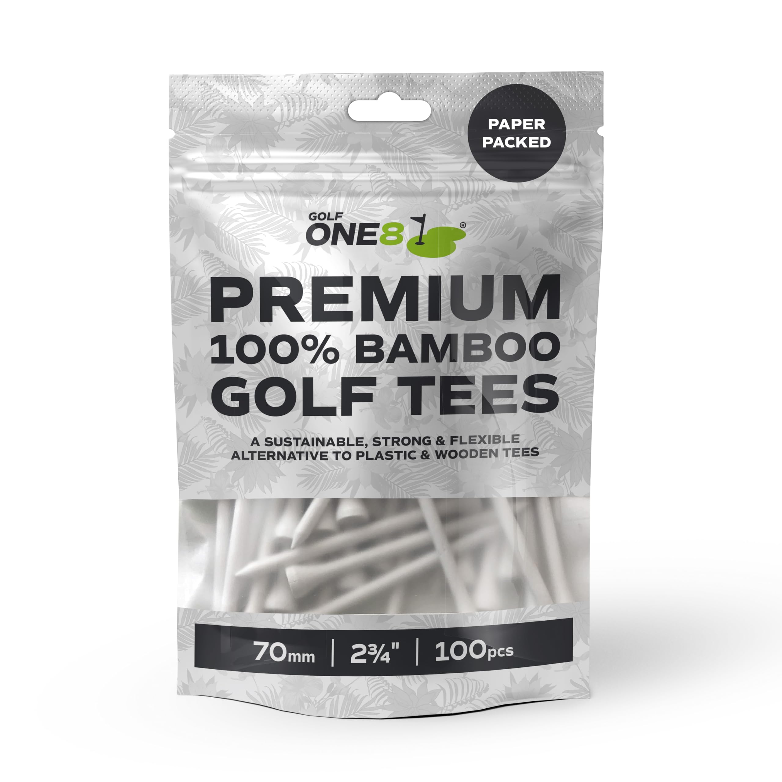 Golf One8 Golf Tees , 2 3/4" Inch - 70mm ,100 Tees , Premium 100% Bambo Golf Tees , 100% Bamboo , 100% Sustainable , 100% Biodegradable
