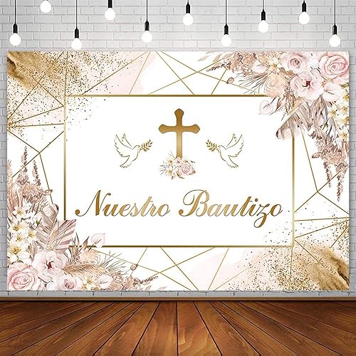 Telón de fondo bohemio de 8 x 6 pies con Mi Bautizo Nuestro Bautizo Primera Comunión Bautizo Decoración de fiesta de bautizo rosa floral Pampa fondo