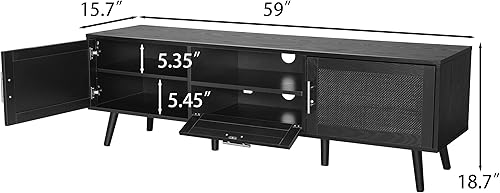 Miniatura 10 de Finnhomy Soporte de TV bohemio de 59 pulgadas para TV de hasta 70 pulgadas, consola de TV con 2 puertas decoradas de ratán hechas a mano, mesa de TV