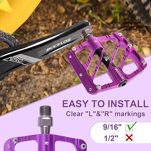 Miniatura 5 de BUCKLOS Pedales planos MTB, pedales de bicicleta de montaña, 3 rodamientos, pedales de bicicleta de carretera para adultos, aleación de aluminio CNC