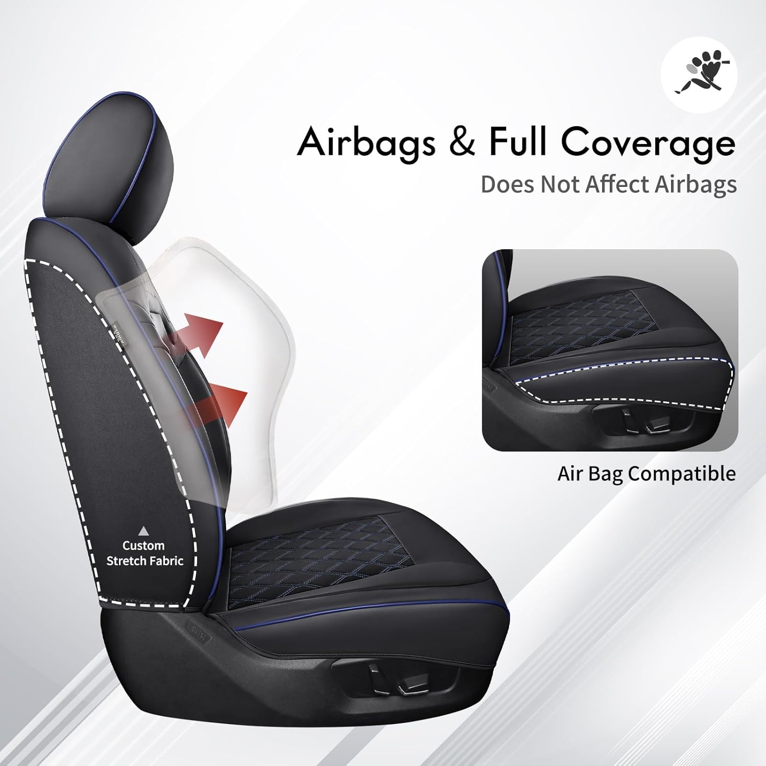 Huidasource Wrangler JL Seat Covers 4 Door 2018-2025, Wrangler Leather Seat Cover Full Set, Custom Fit Seat Protector for Jeep Wrangler JL 4-Door Without Rear Cupholder (Full Set/Black&Blue)