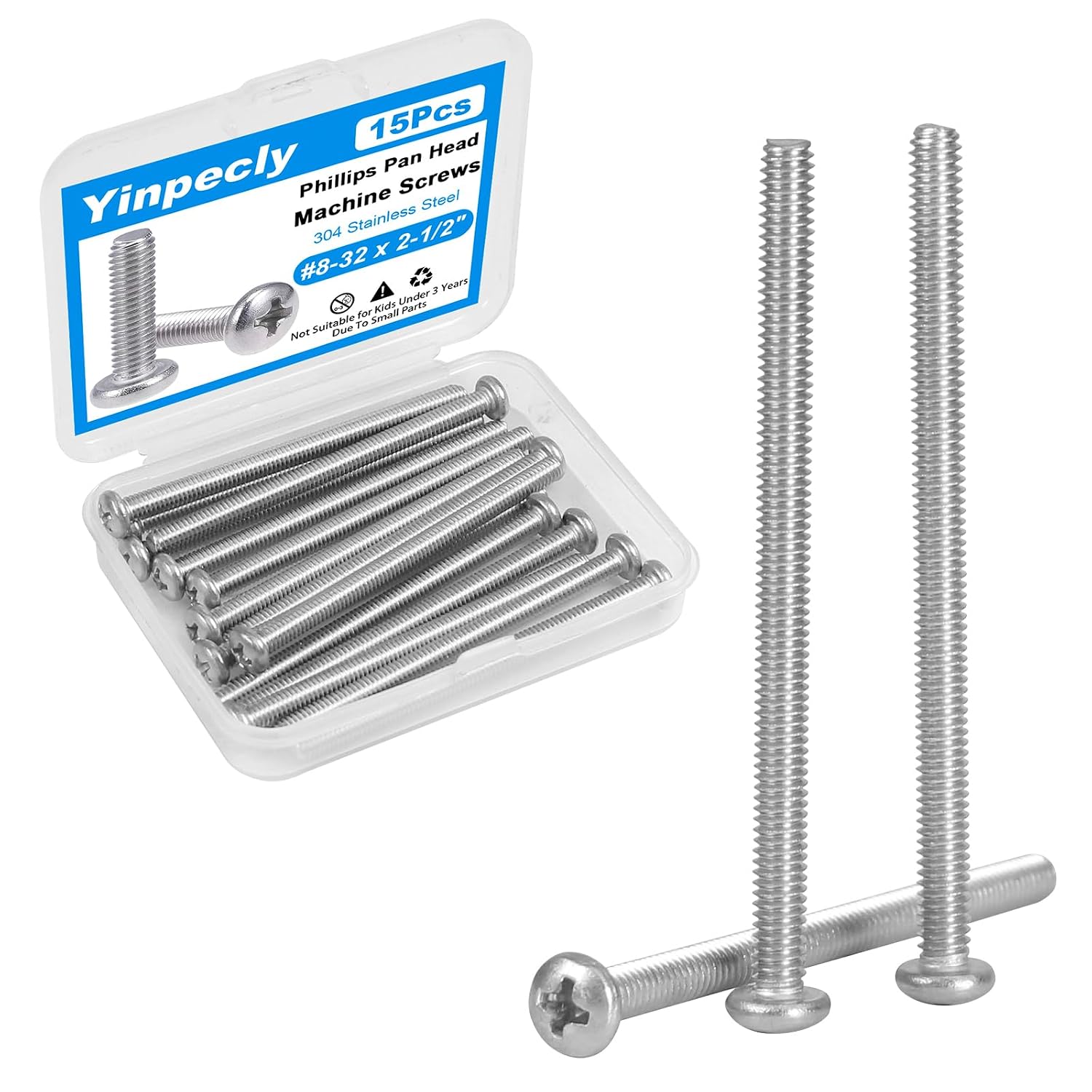 15 Pcs #8-32 x 2-1/2" Pan Head Machine Screws 304 Stainless Steel