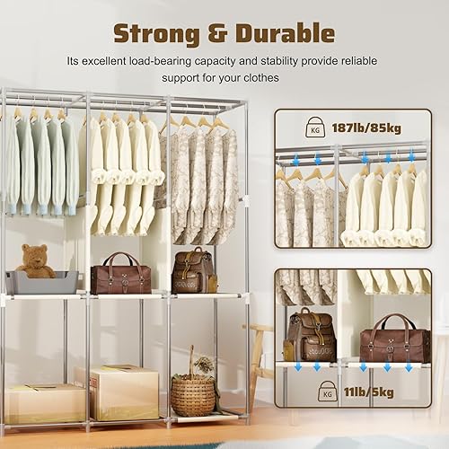 Miniatura 5 de Armario negro, armario portátil, armarios portátiles para colgar ropa con 3 varillas para colgar, 6 estantes de almacenamiento y bolsillos