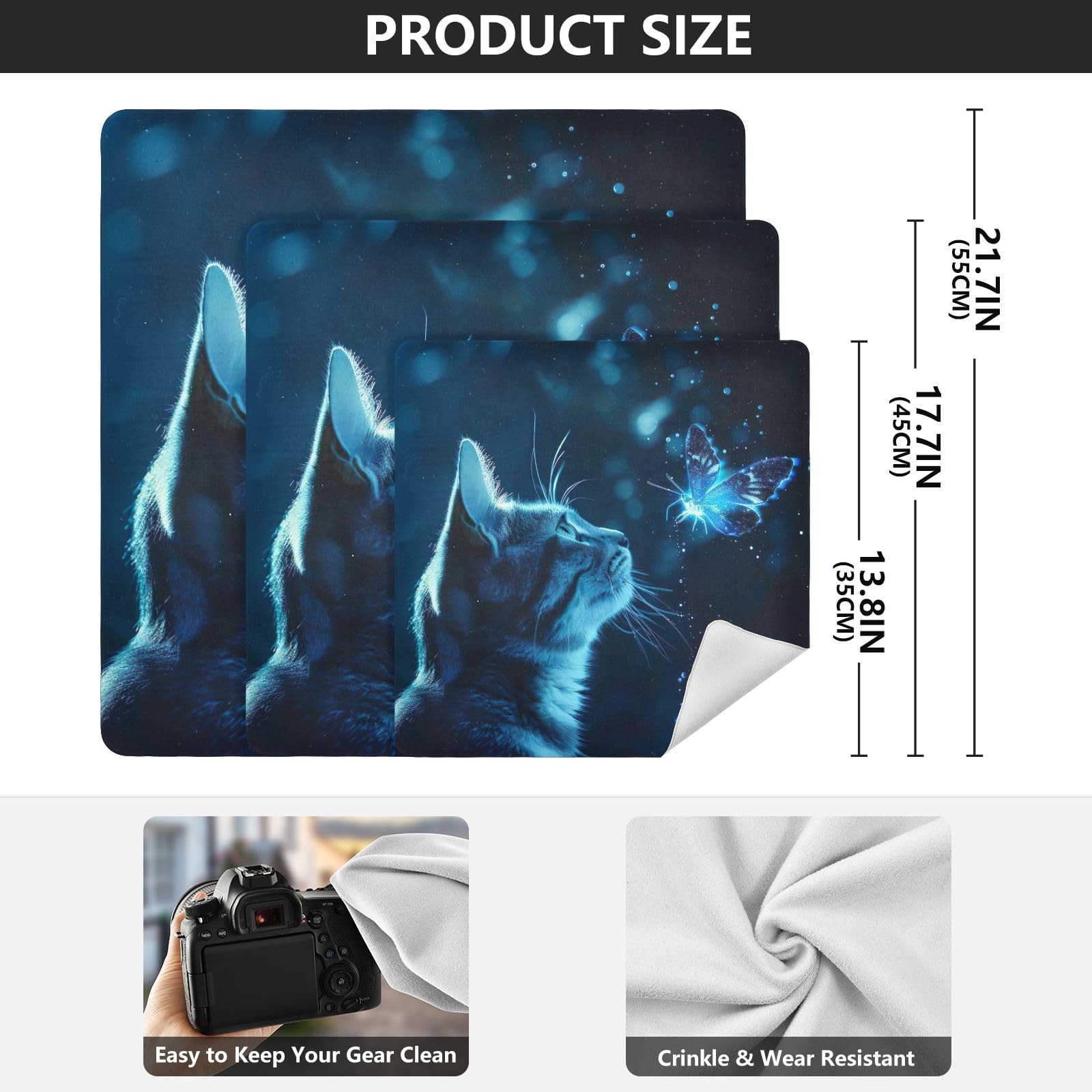 ODAWA Cat Blue Self-adhesive Cloth 17.7X17.7 Inch Cosmetic Bag Magic Cloth Lightweight Foldable Wrapper for Camera Accessories