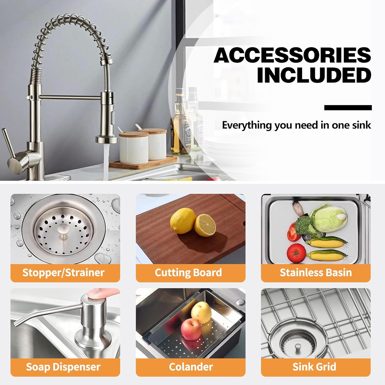 29.5x17.7In Kitchen Sink Workstation-Stainless Steel Drop In Single Bowl Double-Ledge Topmount All-in-one Workstation Sink With Faucet,Colander,SS Grid,Cutting Board,Cup Washer,Soap Dispenser