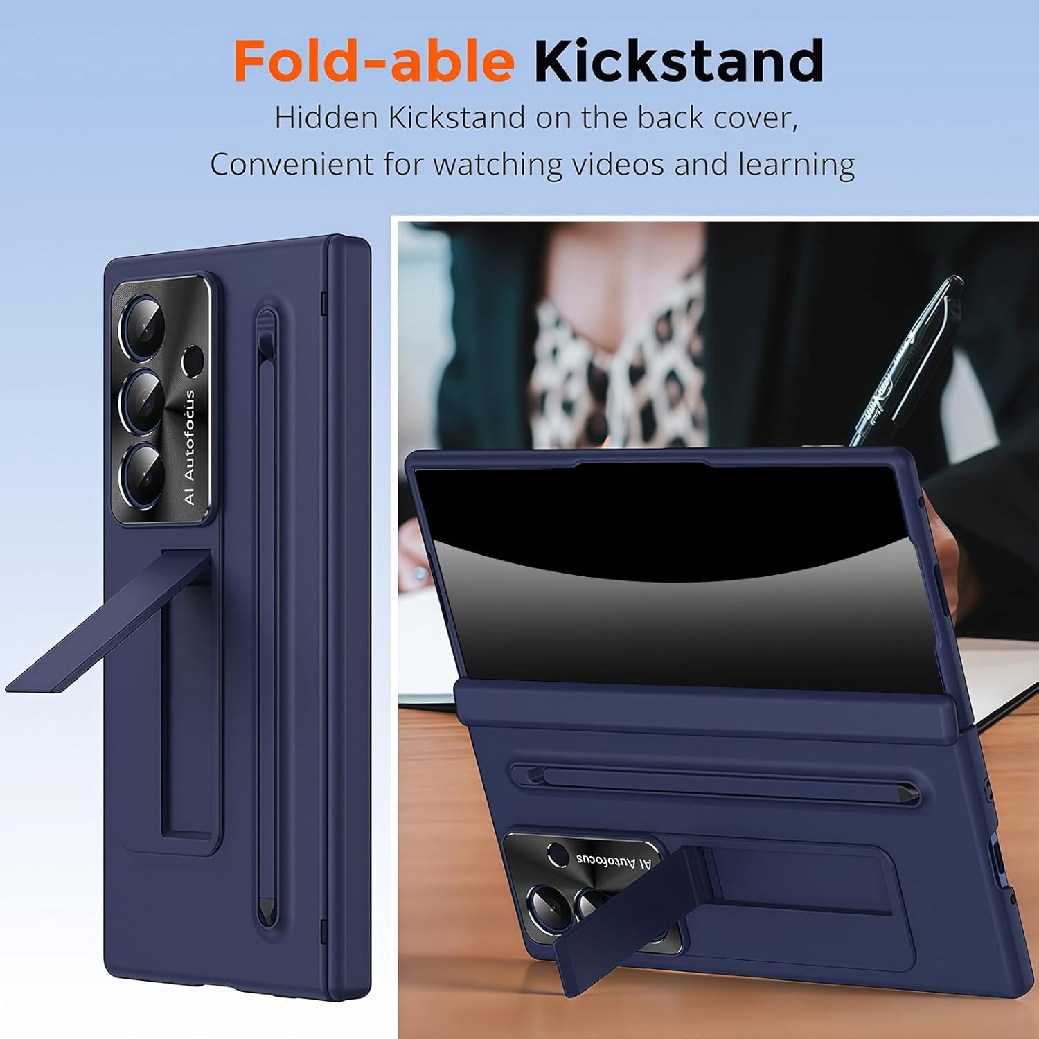 for Samsung Galaxy Z Fold 7 Case with S Pen Holder & Stylus, Z Fold 7 Full Body Slim Case with Privacy Screen Protector Kickstand Camera Protector Anti-spy Protective Cover for Z Fold 7 Blue