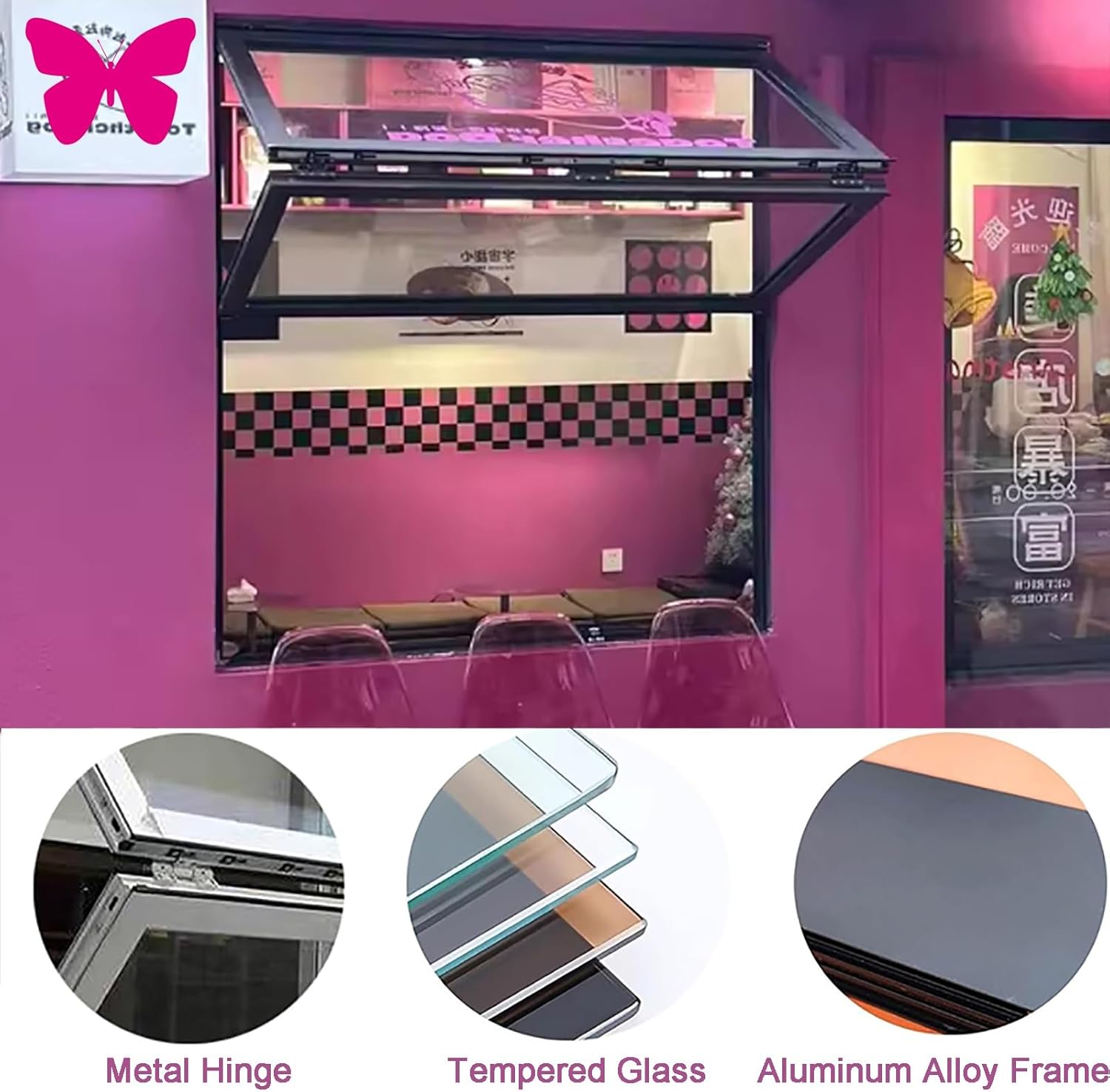 Folding Concession Serving Window with Glass & Lock, Vertical Sliding Double Hung Aluminum Frame Window for Food Truck, Vending Stand, Business Kitchen Use(38x36in/96x91cm)