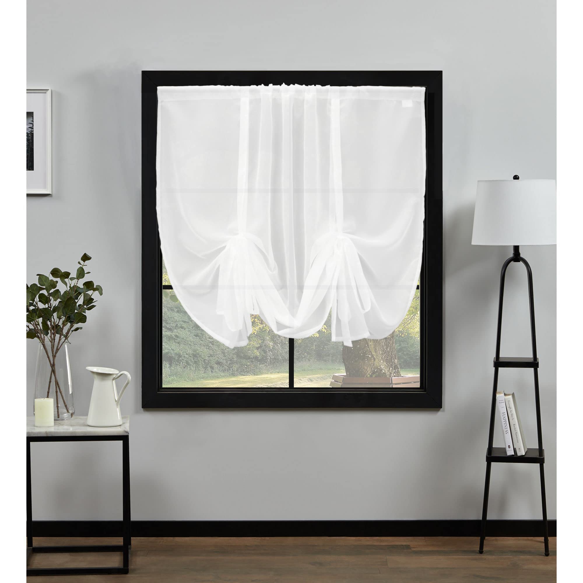 NetCurtainsUK Plain Voile Tie Blind Curtain Panels 140cm (55'') Wide x 140cm (55'') Drop (White) (HWTB01)