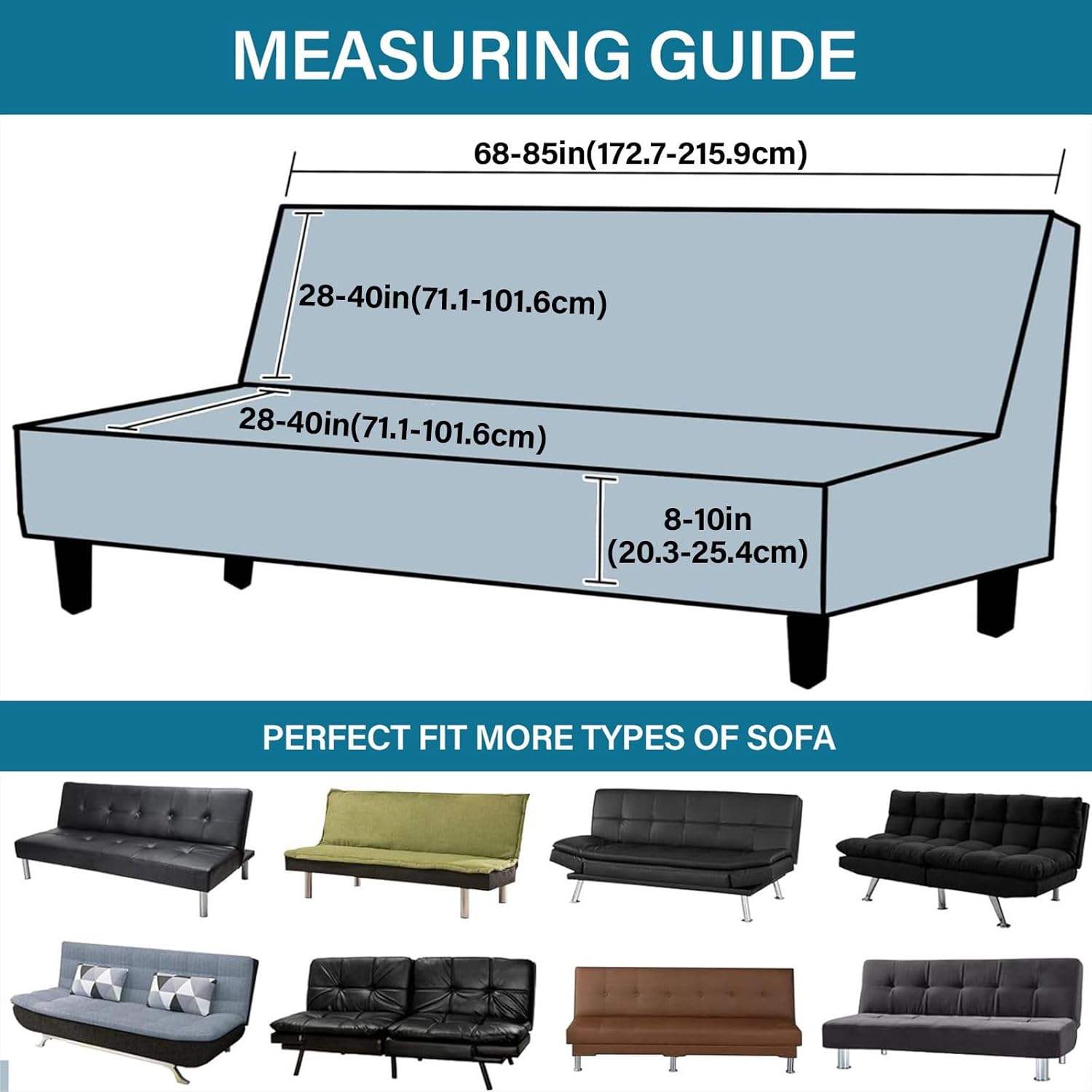 Armless Sofa Cover Folding, Velvet Futon Cover Soft Thick Futon Slipcover Non Slip Armless Sofa Bed Cover-Black-68-85in(172.7-215.9cm)