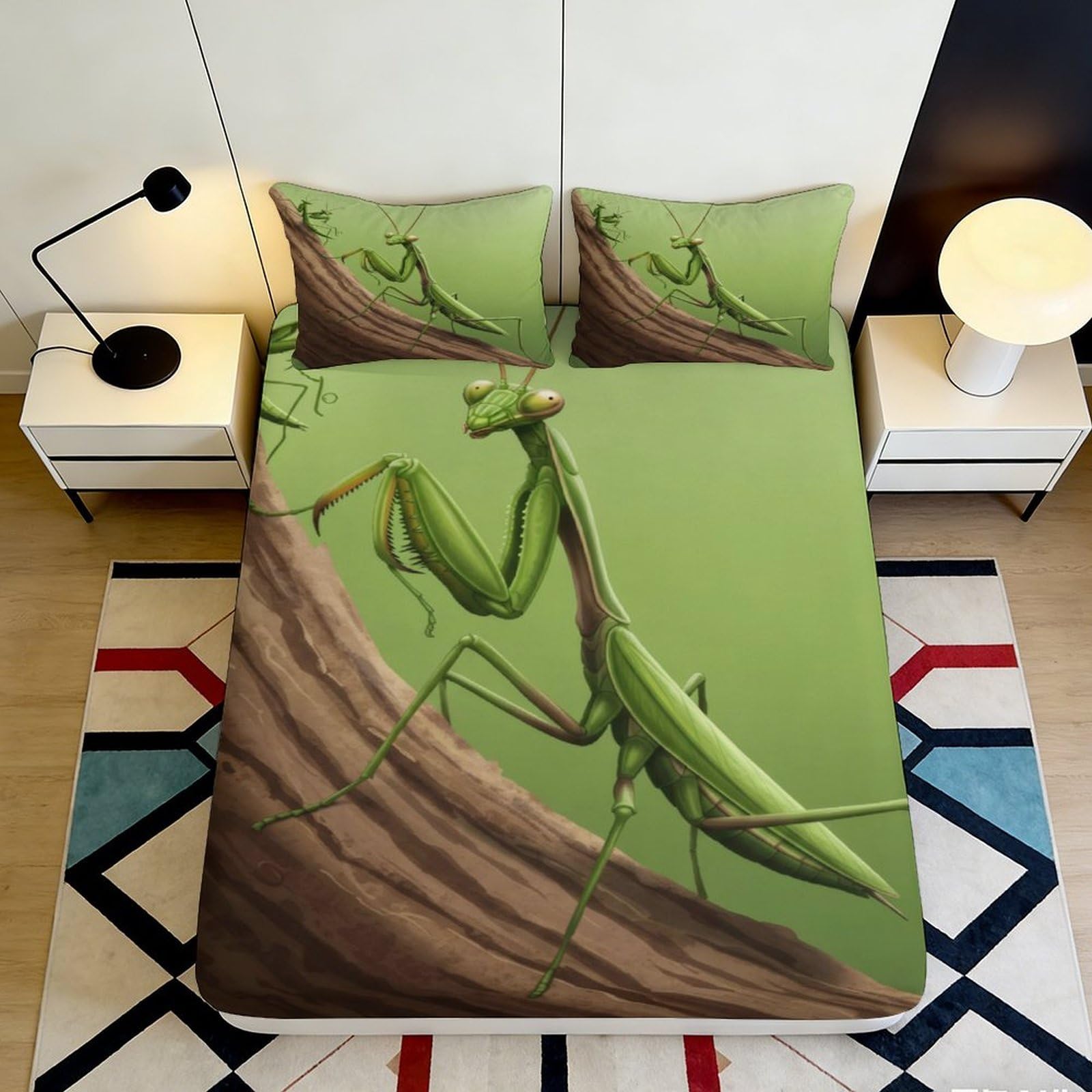 3D Printed green praying mantis Fitted Sheet, soft touch Microfiber, wrinkle resistant, home decor, apartment bedding, anti-slip, machine washable, dustproof 90x200x25cm