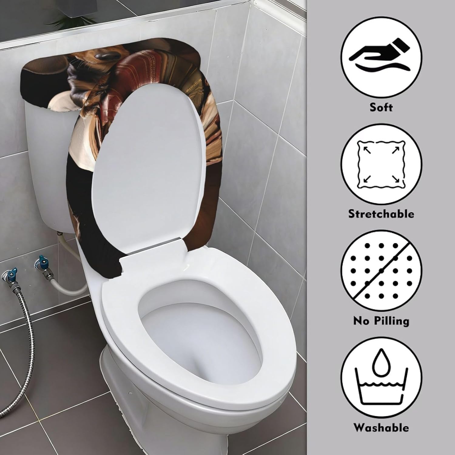 2 Pcs Toilet Lid Cover and Toilet Tank Lid Cover, Washable Toilet Cover with Elastic Bottom Replacement Soft Stretch Toilet Seat Cover Set Dachshund Book Bathroom Decor image 3
